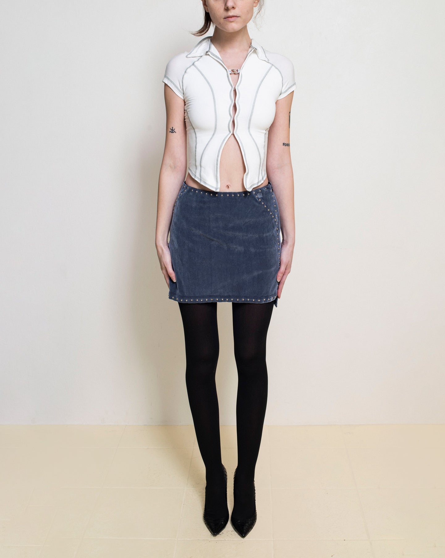 Velvet Mesh Studded Mini Skirt