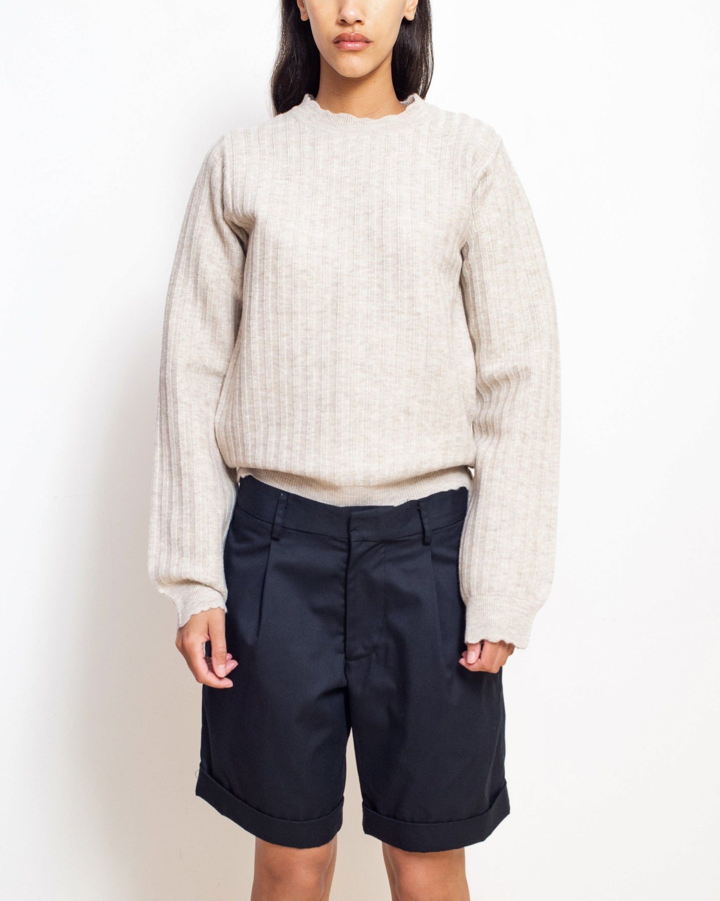 Knitted Mohair Crew Neck Sweater in Stucco
