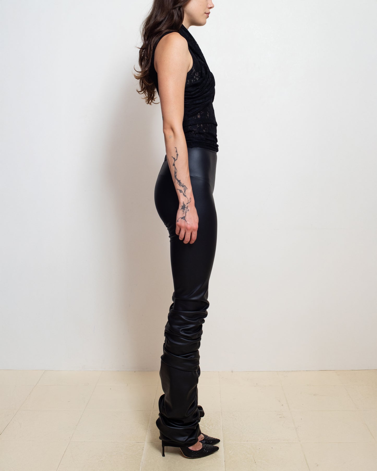Black Wet Look Gathered Leggings