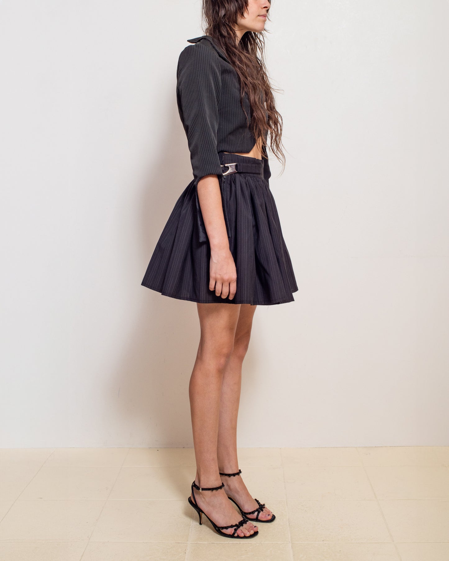 Black Pinstripe Gathered Skirt