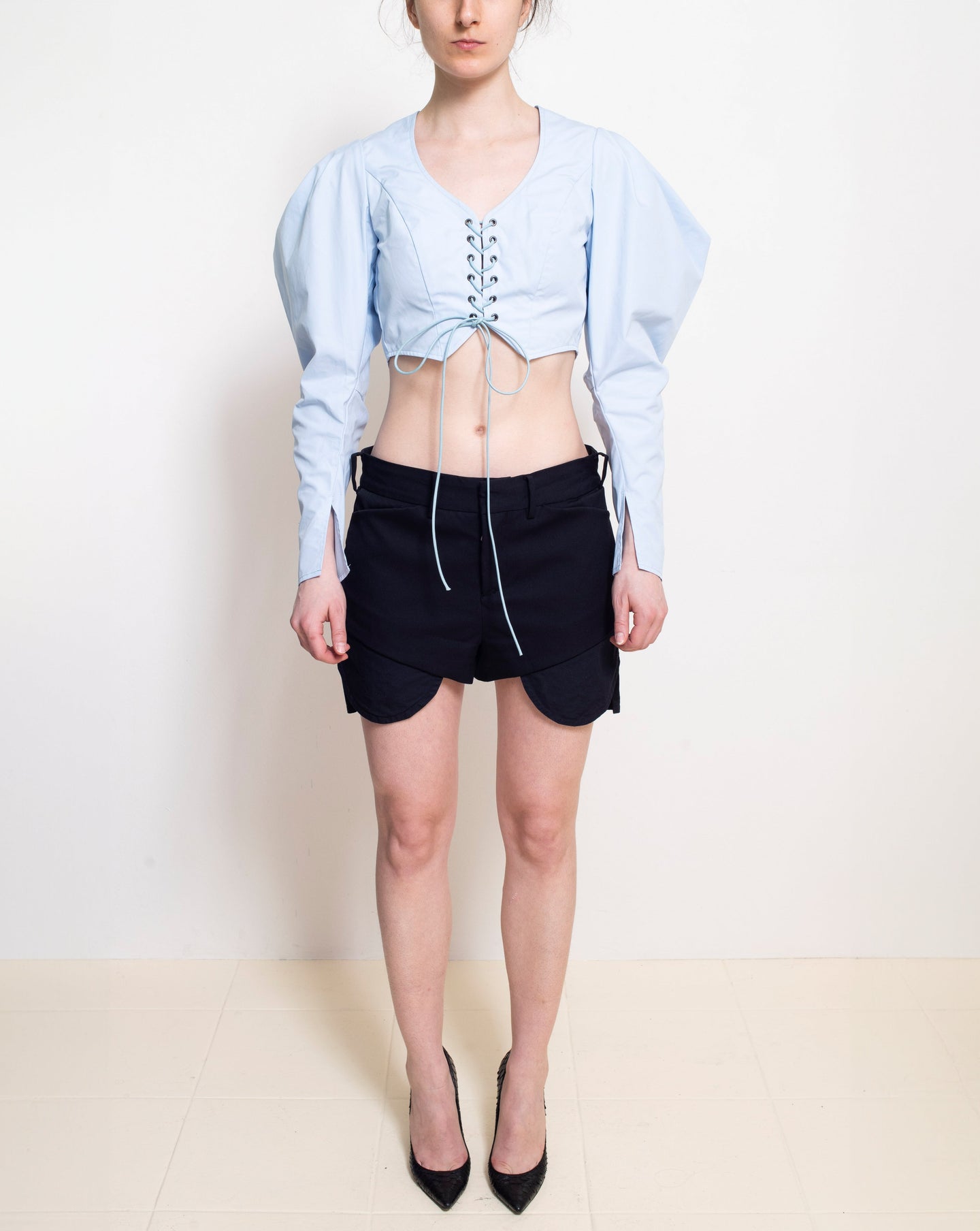 Powder Blue Lace Up Mutton Top