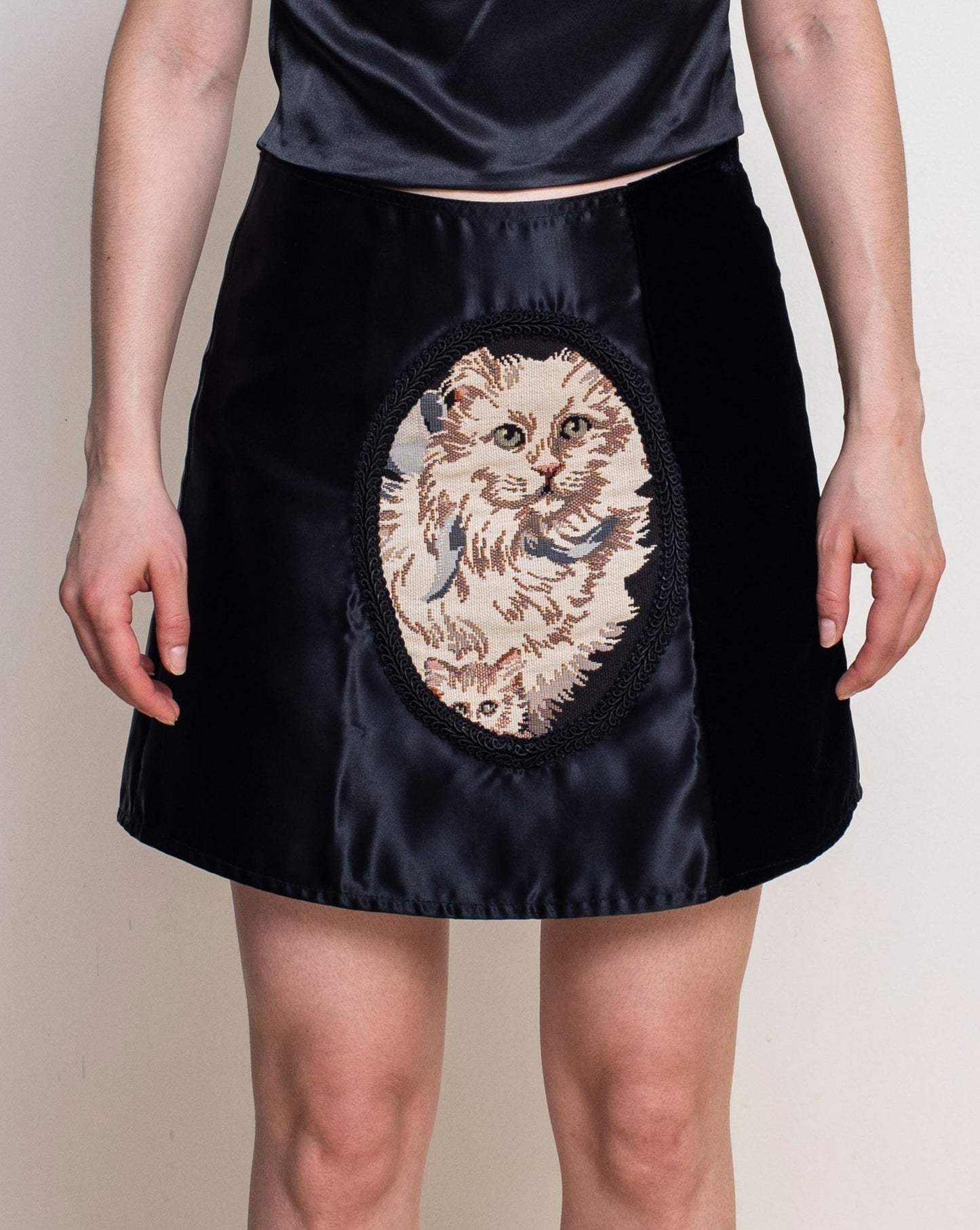 Black Satin Cat Mini Skirt