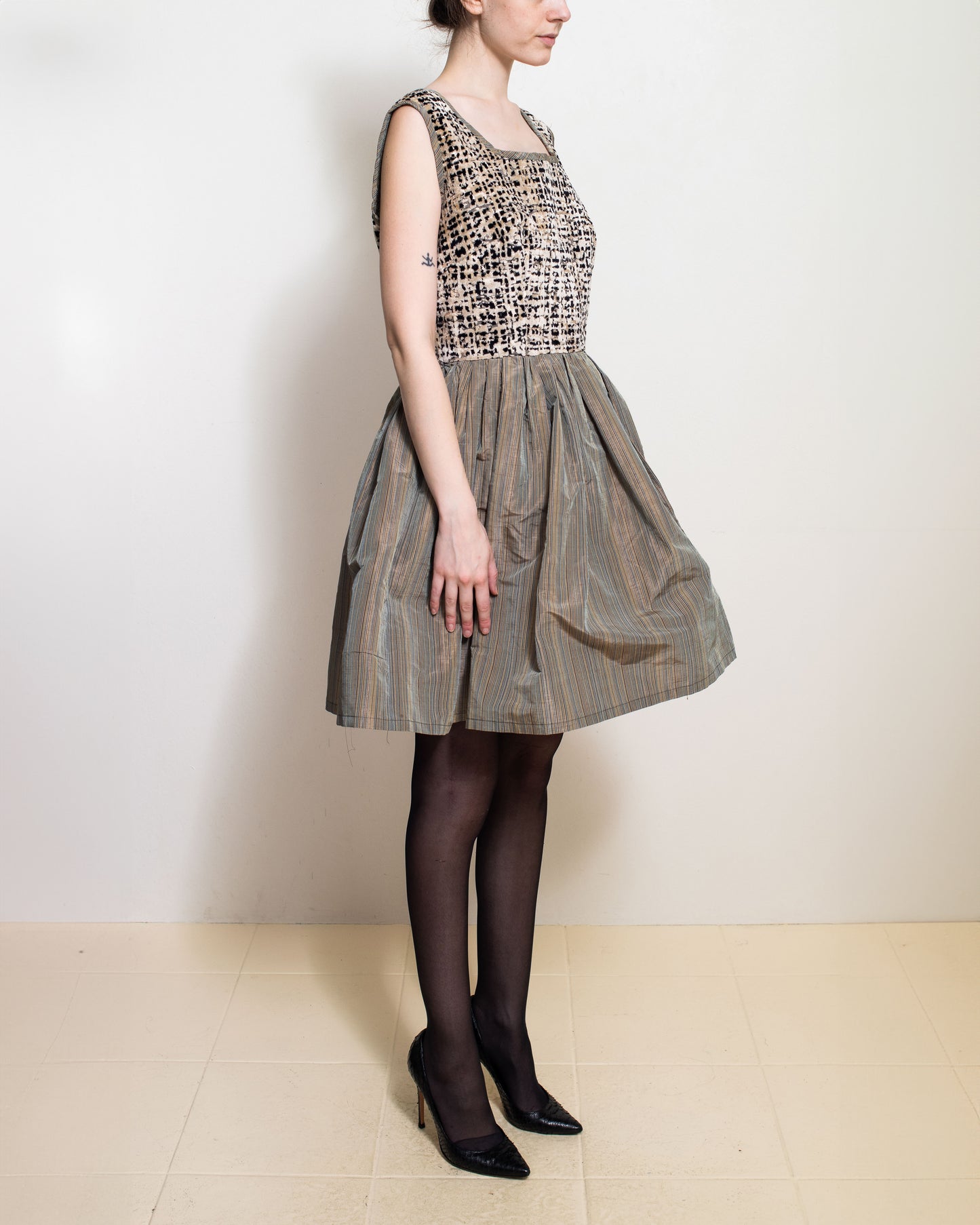 Velvet Metallic Neutral Babydoll Dress