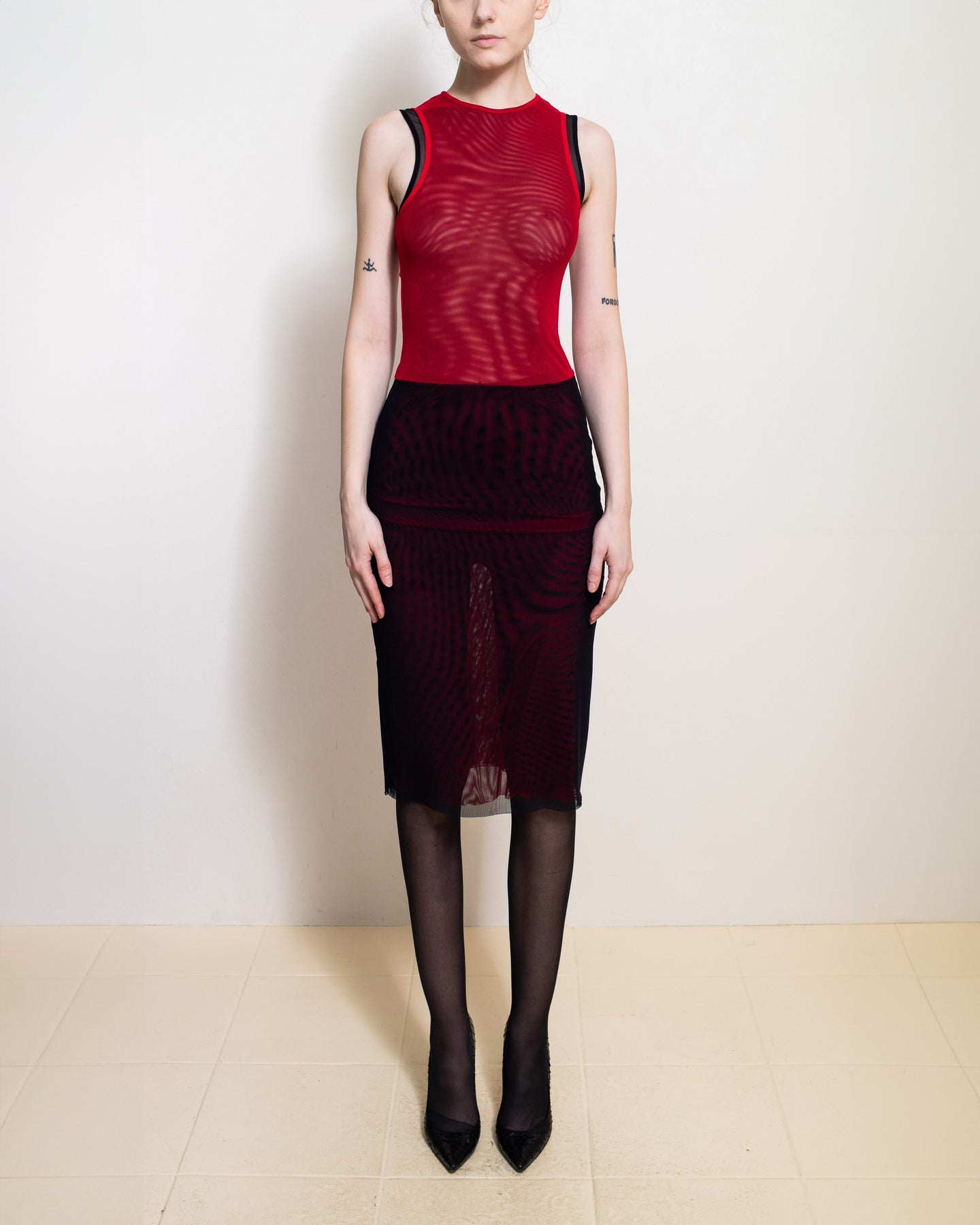 Black/ Red Combo Mesh Sleeveless Dress