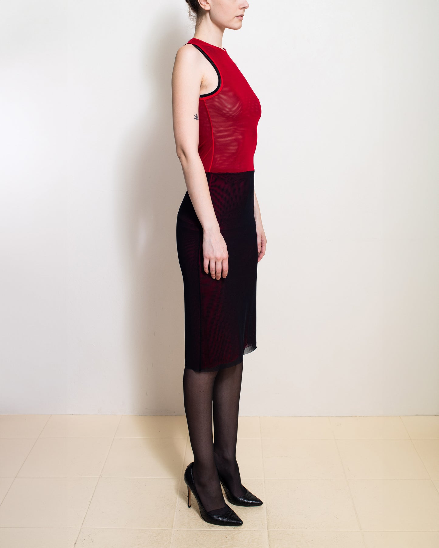 Black/ Red Combo Mesh Sleeveless Dress