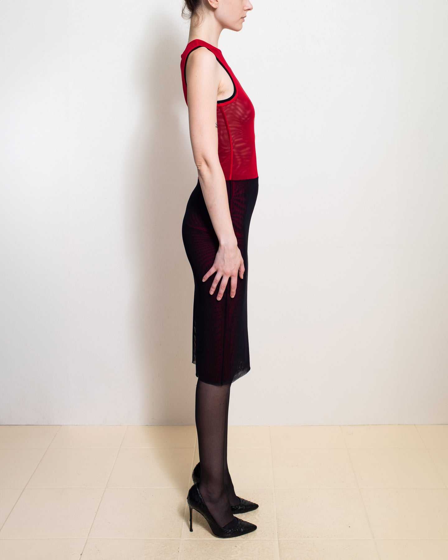 Black/ Red Combo Mesh Sleeveless Dress