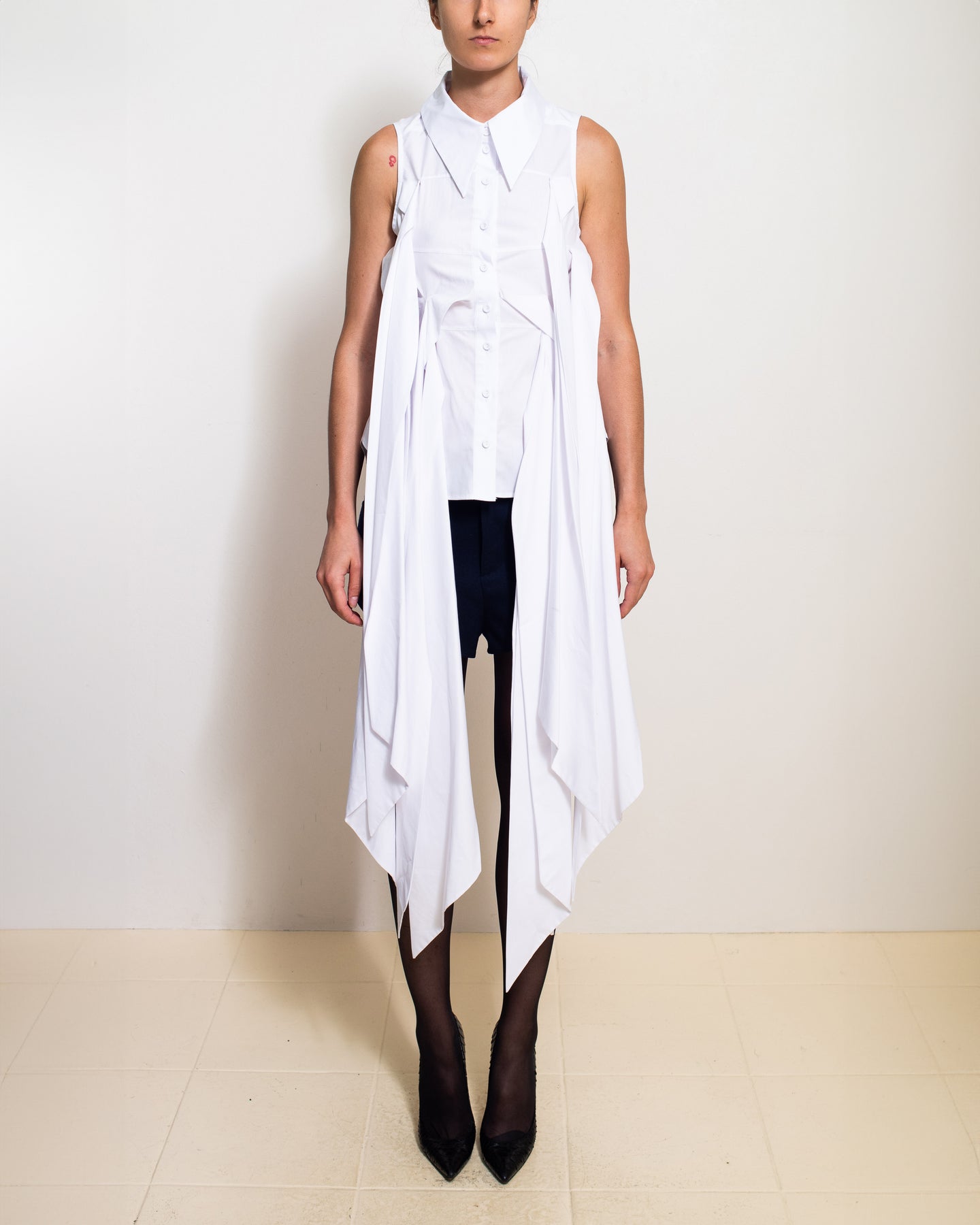 White Triple Sash Sleeveless Button Down