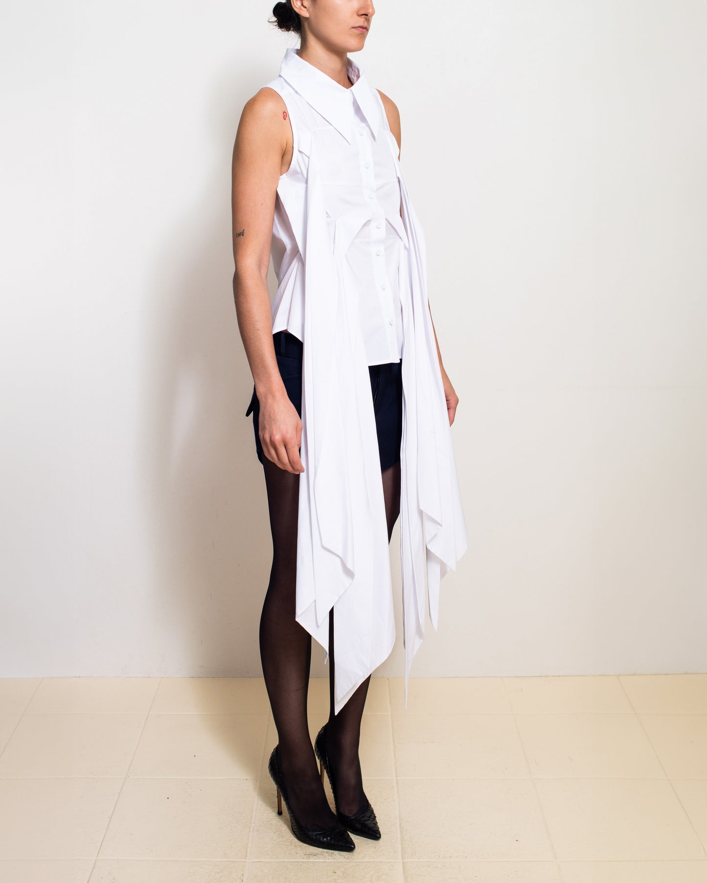 White Triple Sash Sleeveless Button Down