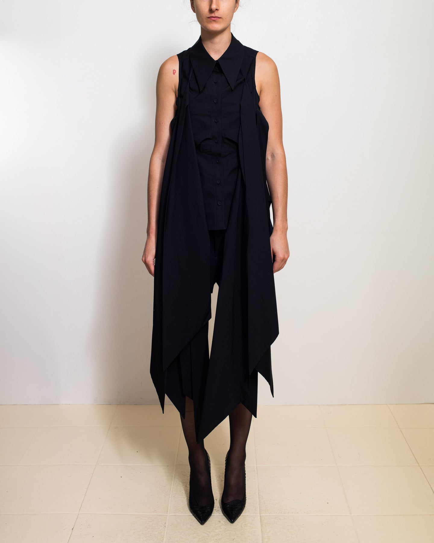 Black Triple Sash Sleeveless Button Down