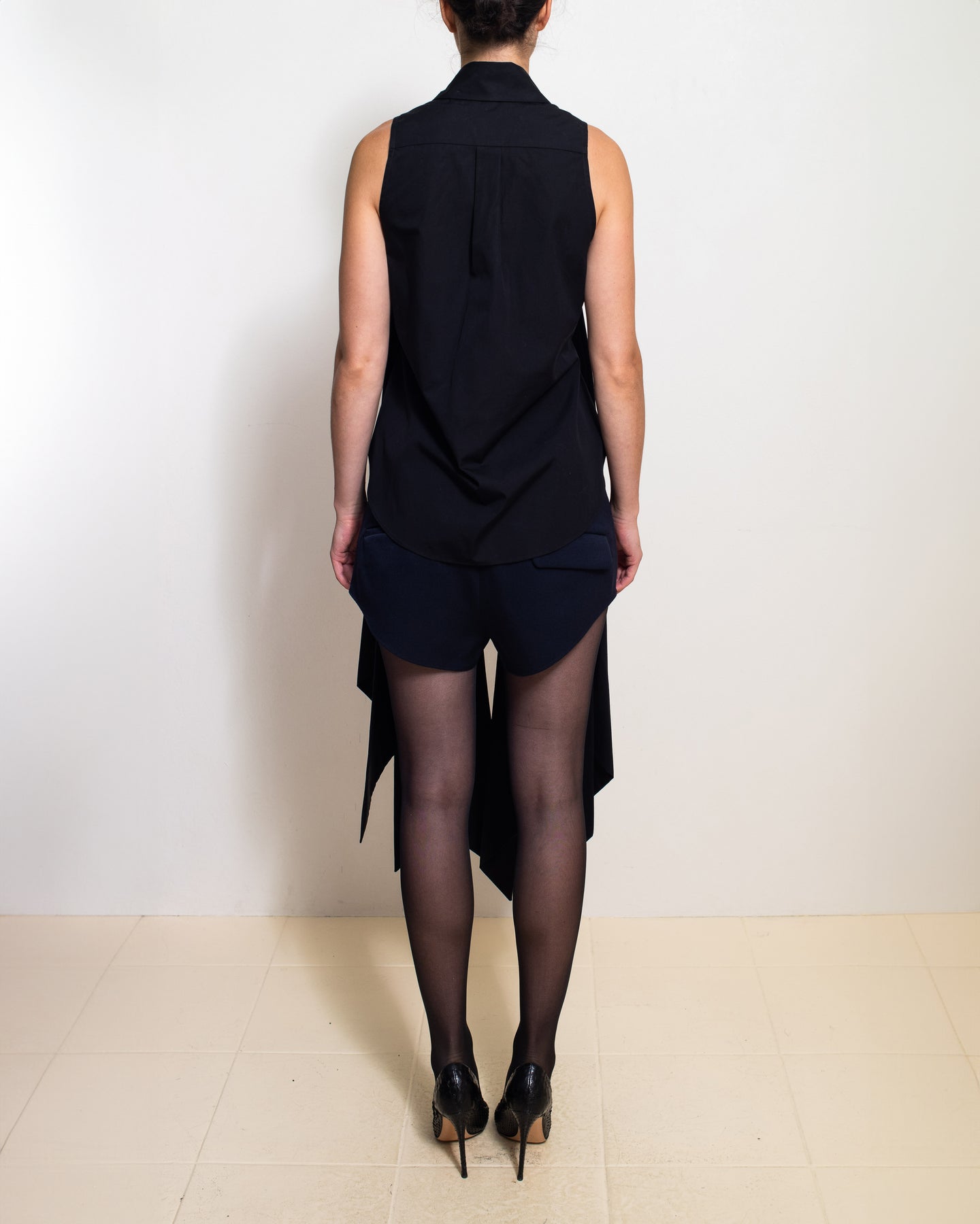 Black Triple Sash Sleeveless Button Down