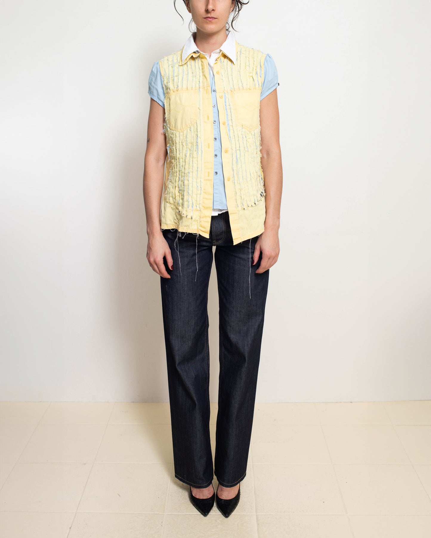 White, Blue, Yellow 3B Short Sleeve Button-Up