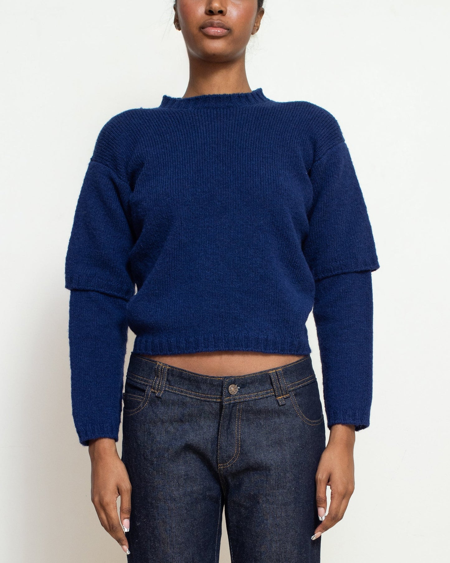 E RT N°49 Gentian Blue Shetland Double-Sleeved Crewneck