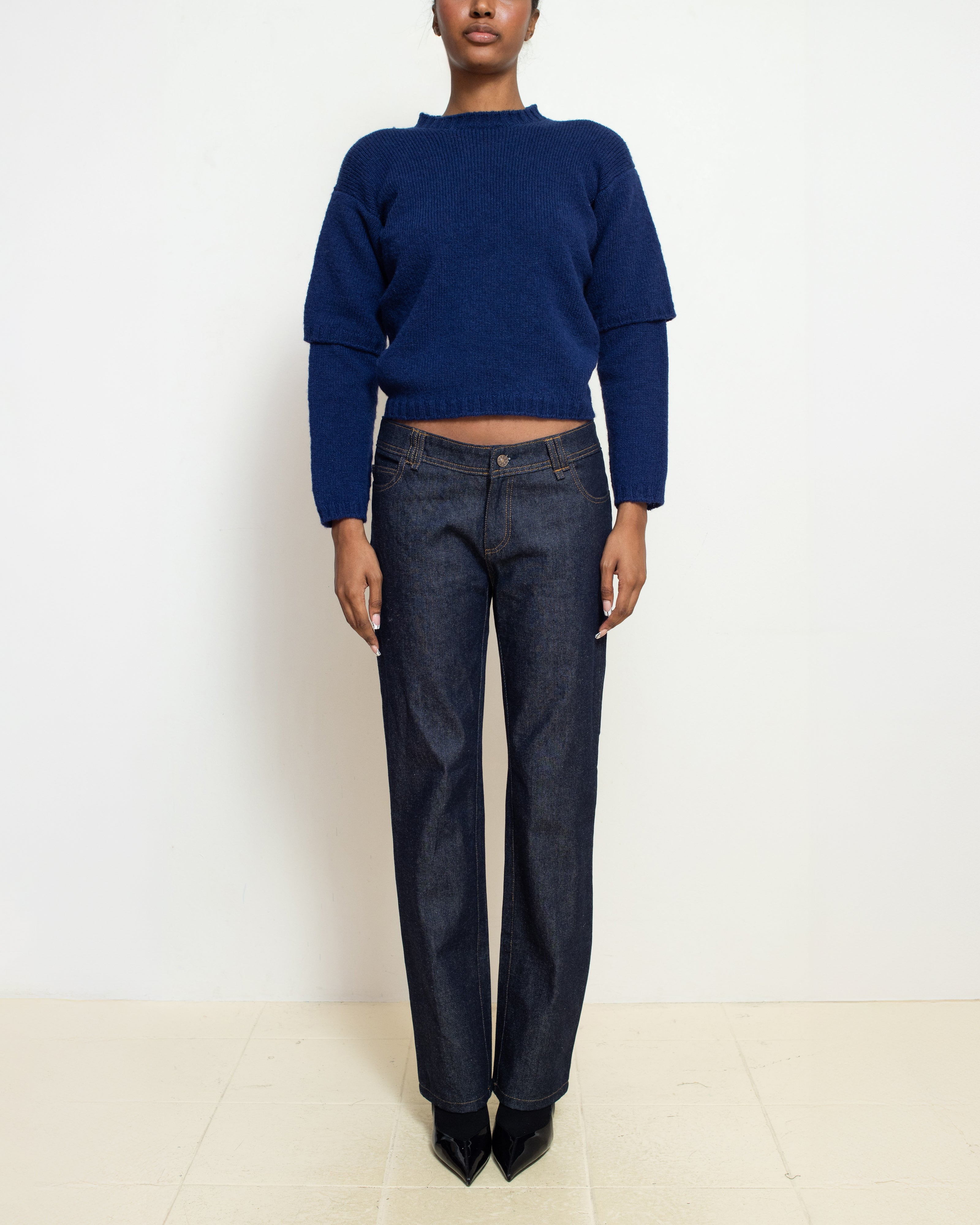 E RT N°49 Gentian Blue Shetland Double-Sleeved Crewneck