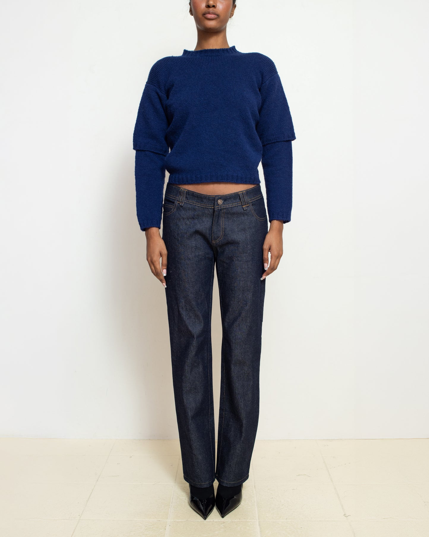 E RT N°49 Gentian Blue Shetland Double-Sleeved Crewneck