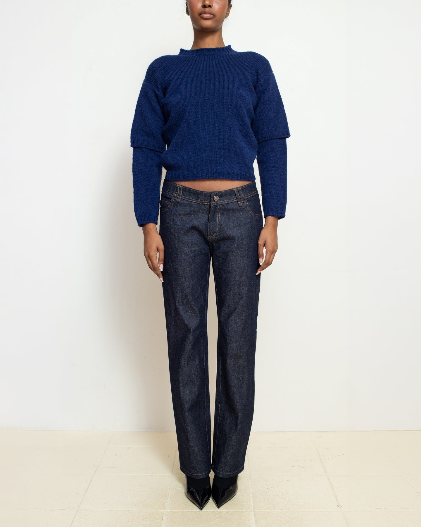 E RT N°49 Gentian Blue Shetland Double-Sleeved Crewneck