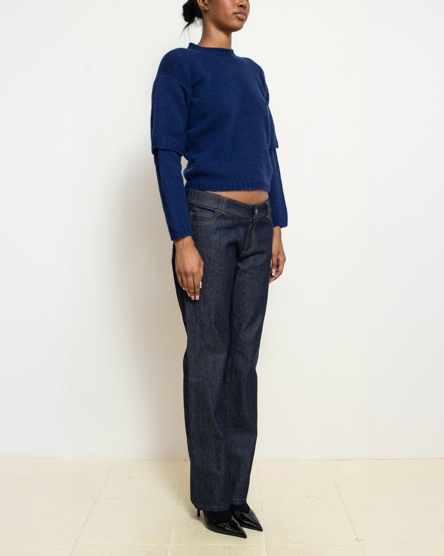 E RT N°49 Gentian Blue Shetland Double-Sleeved Crewneck