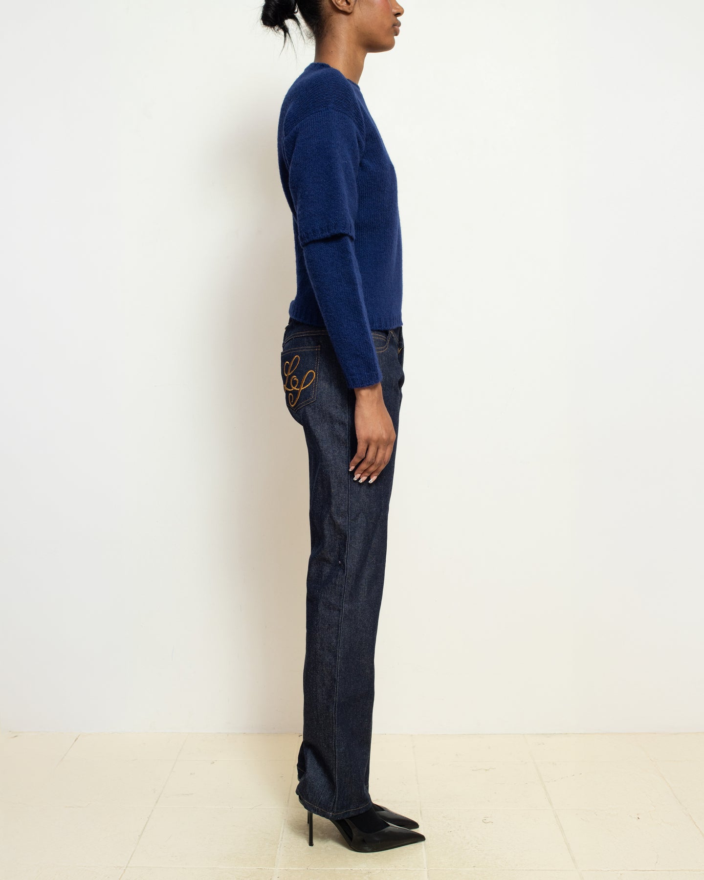 E RT N°49 Gentian Blue Shetland Double-Sleeved Crewneck