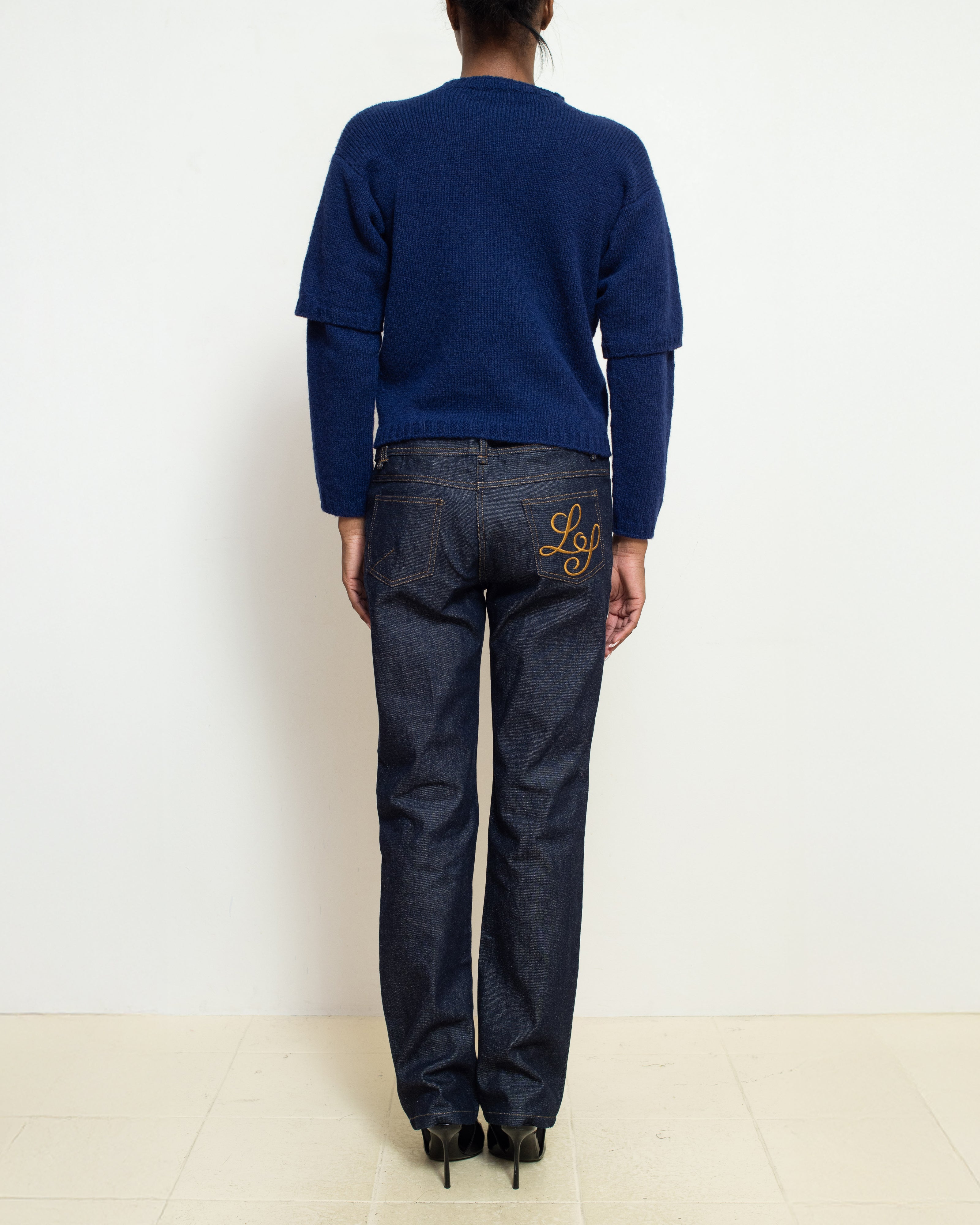 E RT N°49 Gentian Blue Shetland Double-Sleeved Crewneck