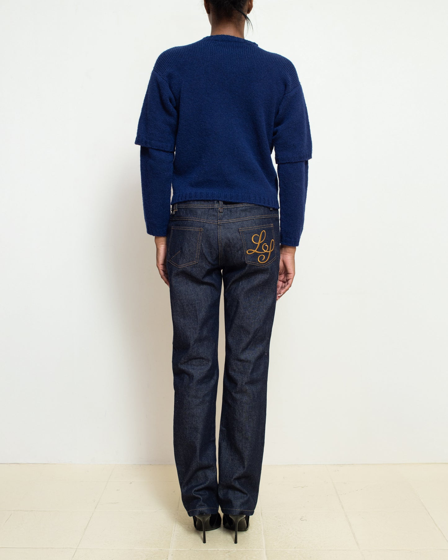 E RT N°49 Gentian Blue Shetland Double-Sleeved Crewneck