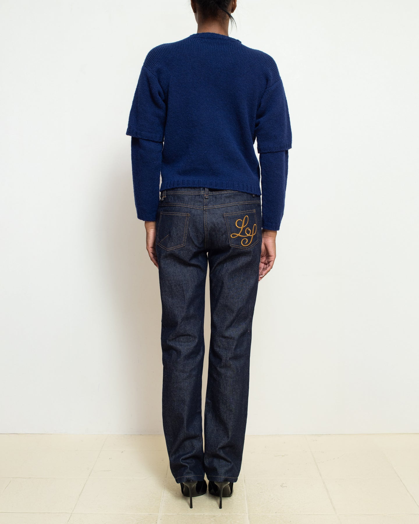 E RT N°49 Gentian Blue Shetland Double-Sleeved Crewneck