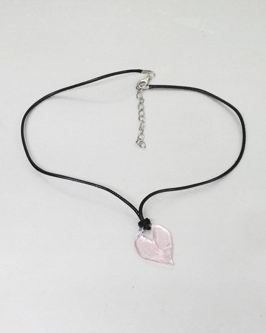 Pink Glass Heart on Black Cord Necklace