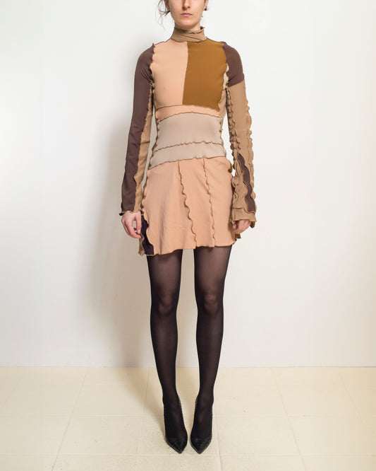 Brown Patchwork Long Sleeve Mini