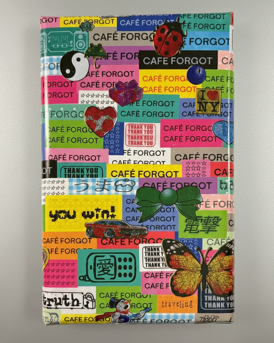 Colorful gift wrap with various designs and text on a white background