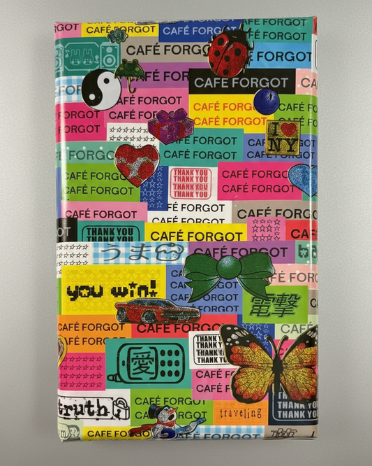 Colorful gift wrap with various designs and text on a white background