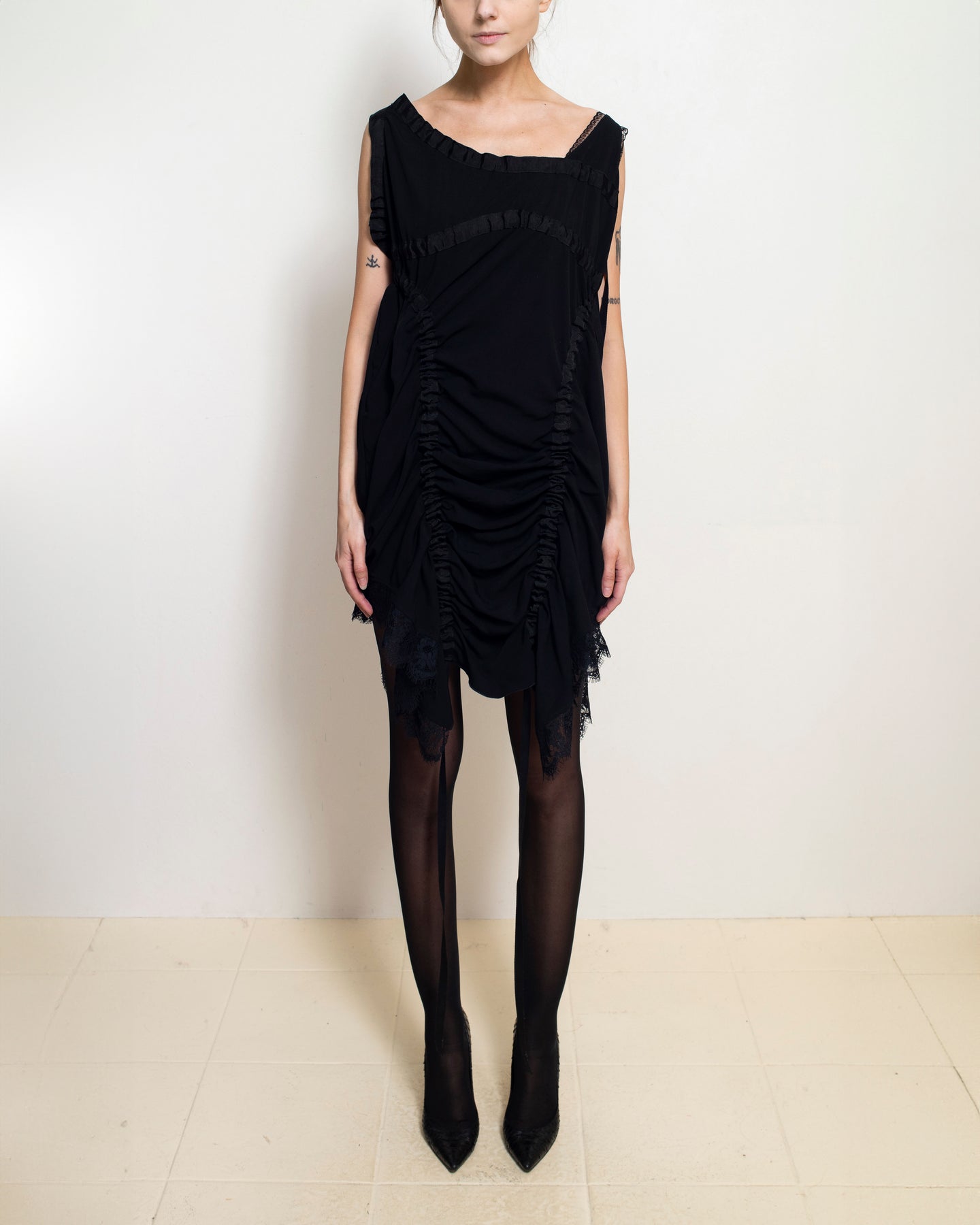 Black Asymmetrical Gathered Dress