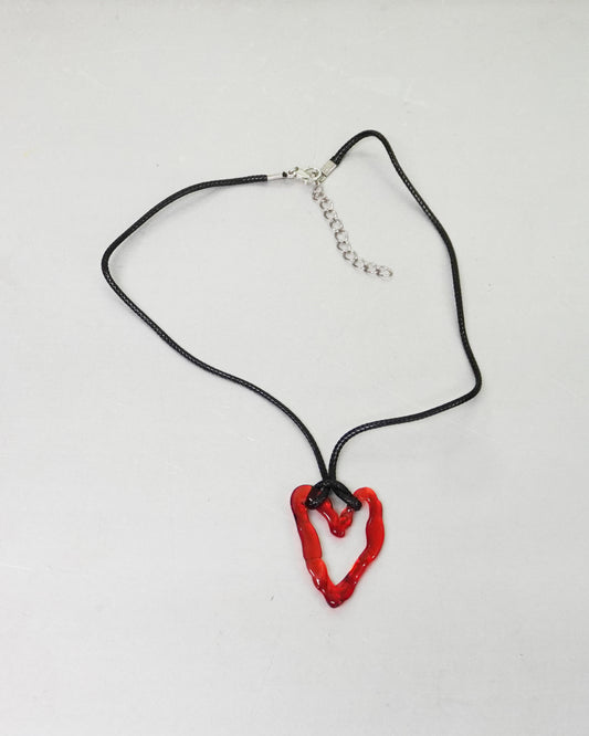 Glass Red Heart and Black Cord Necklace