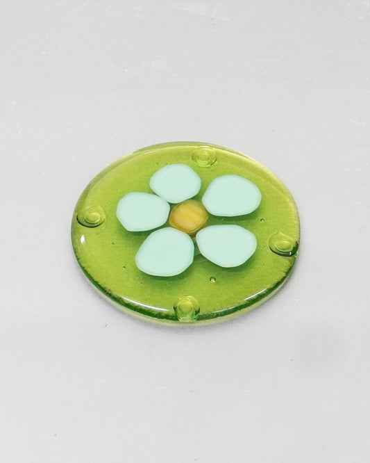 Lime Glass Coaster with Pale Blue Flower