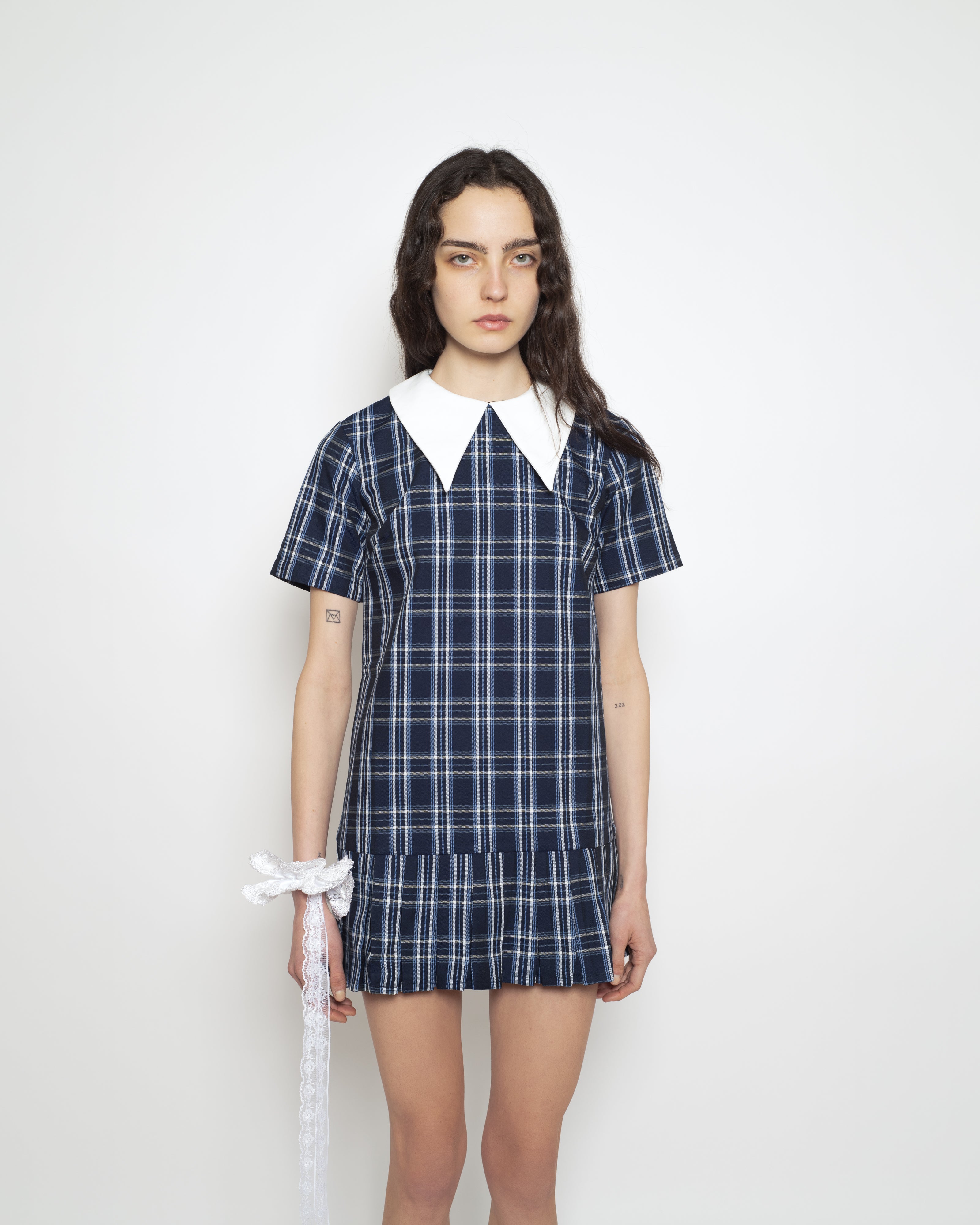 Caf Forgot The Plaid Mini Dress in Blue Caf Forgot The Plaid Mini Dress in Blue