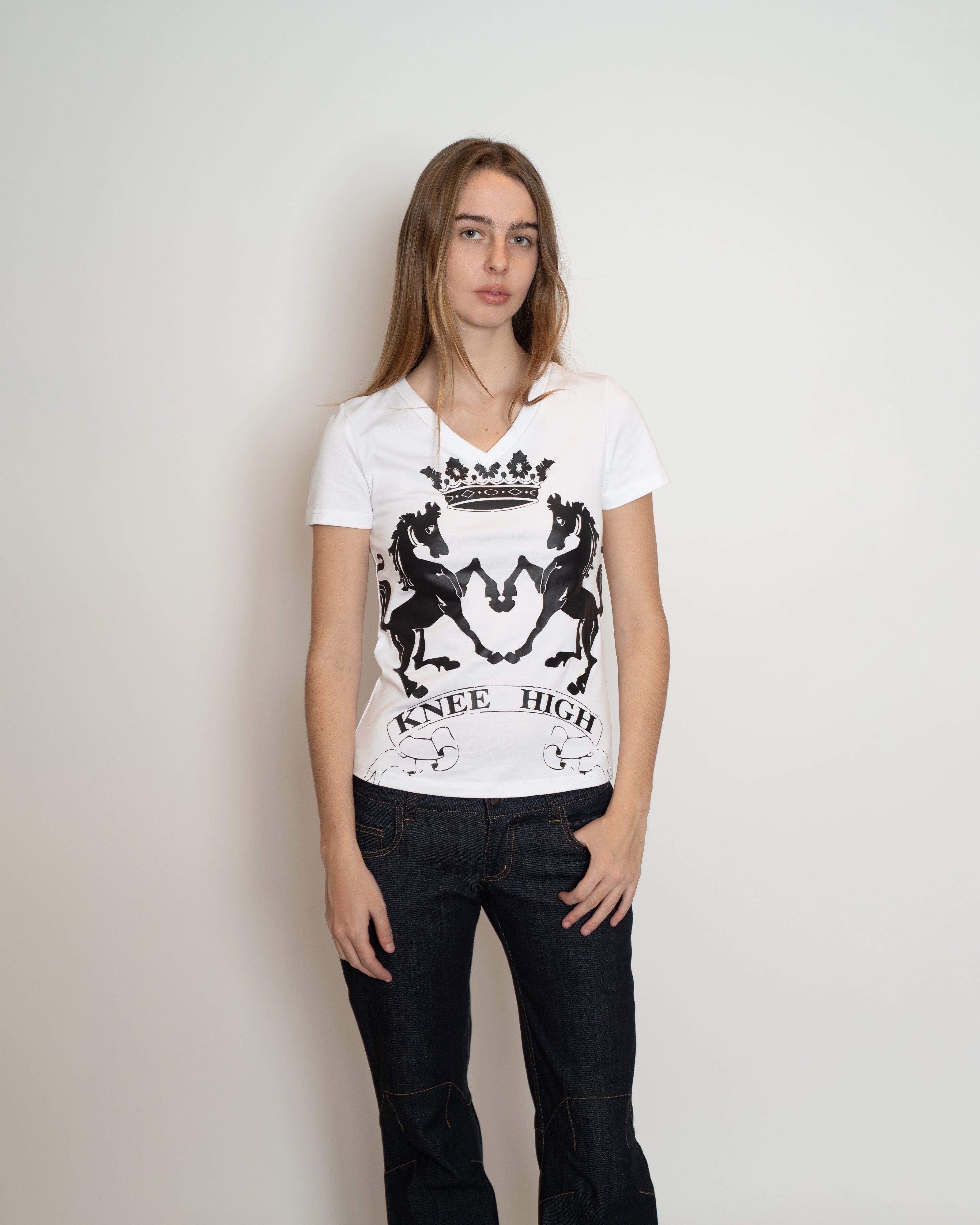 Knee High V-Neck Baby Tee in White