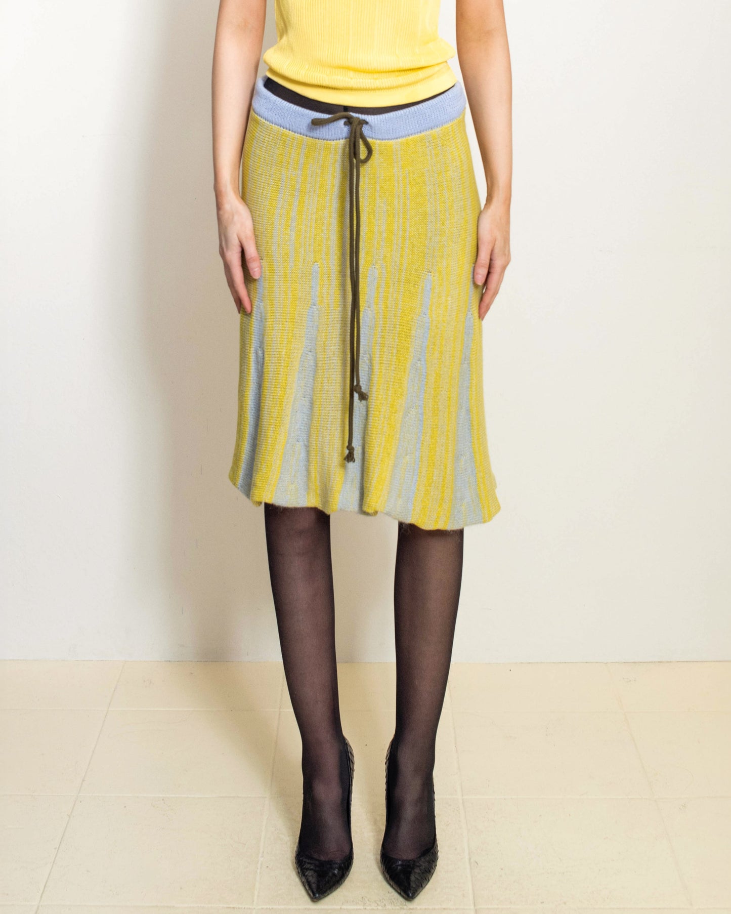 Blue and Yellow Godet Midi Skirt