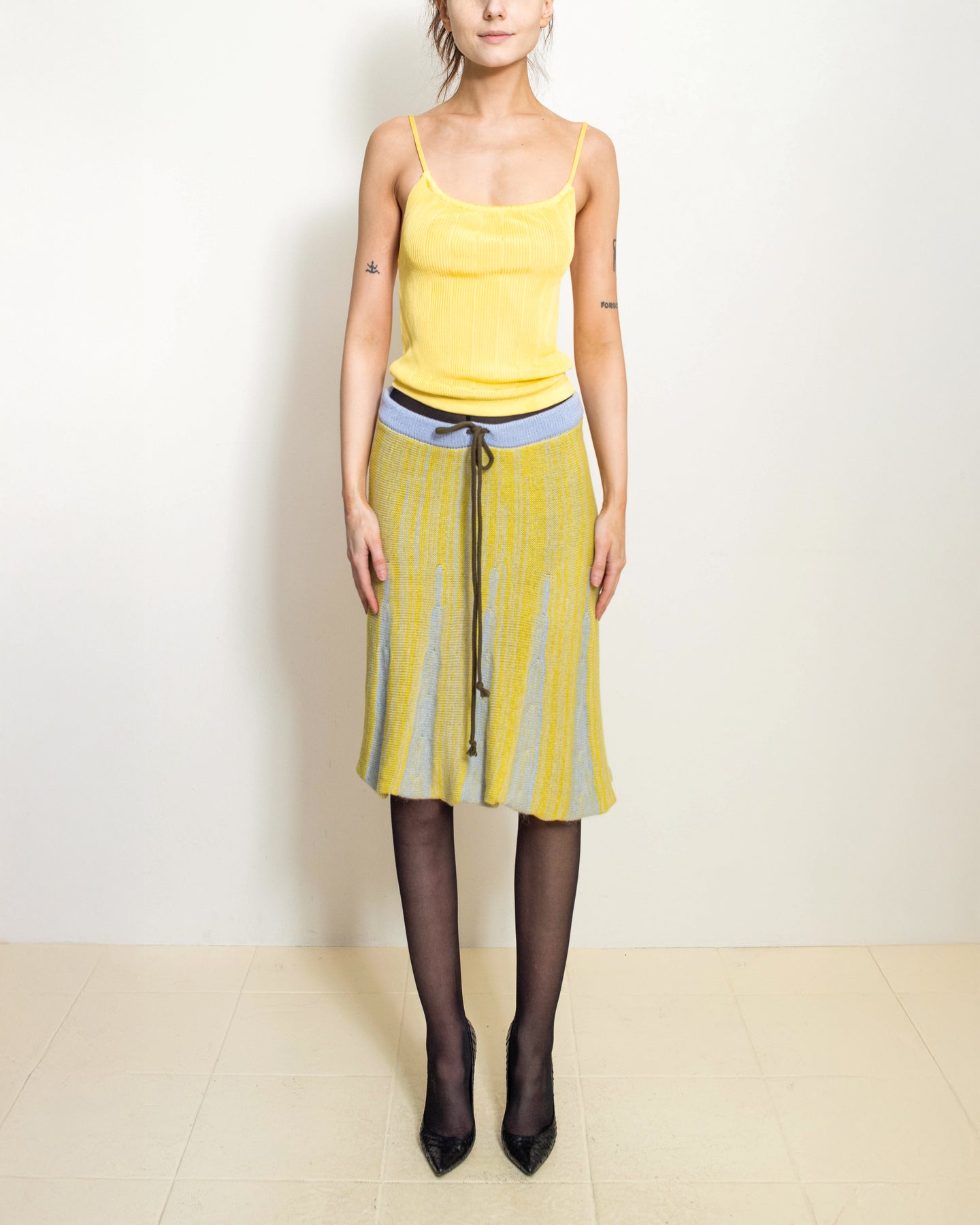 Blue and Yellow Godet Midi Skirt