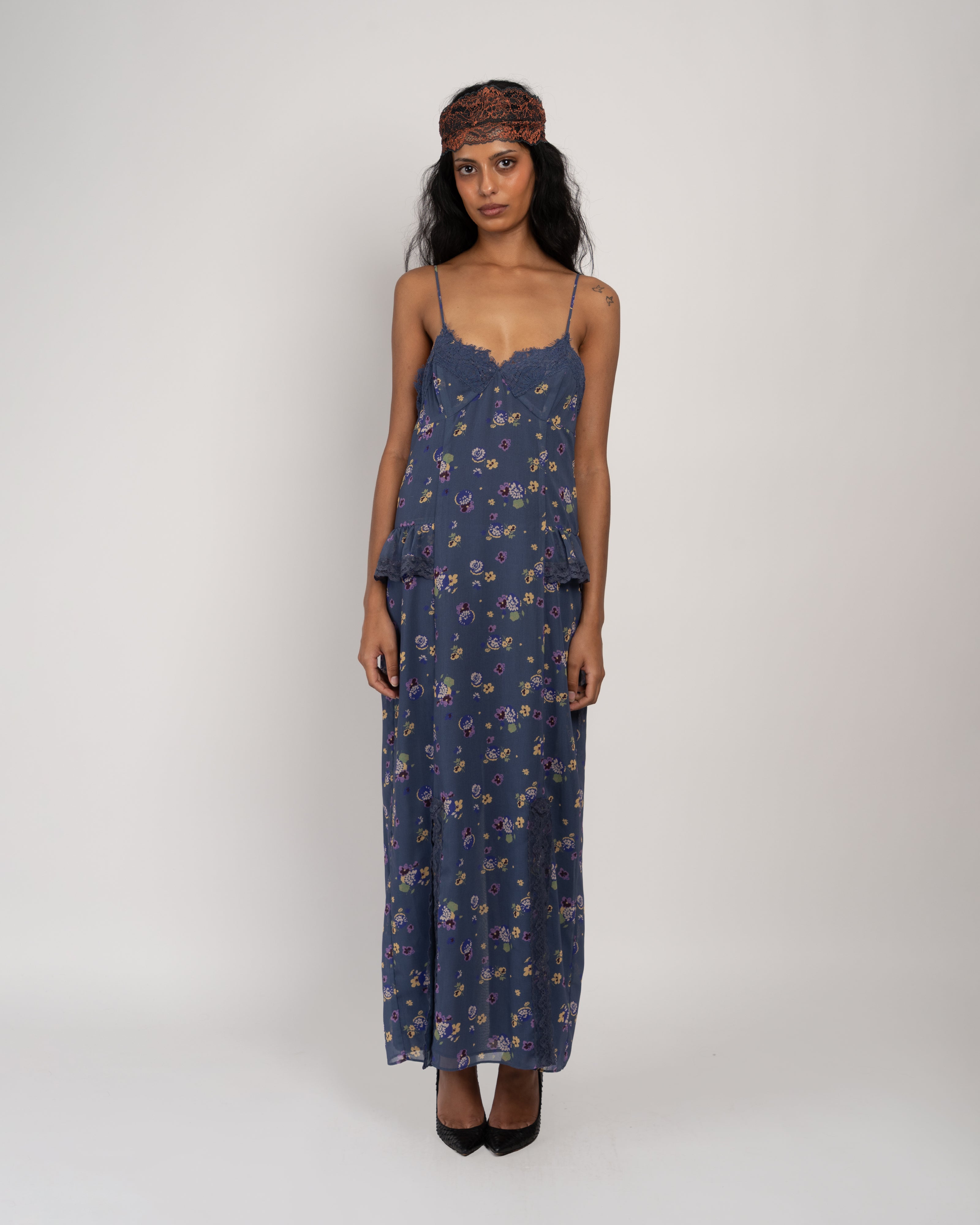 Night Blooming Indigo Chiffon Dress