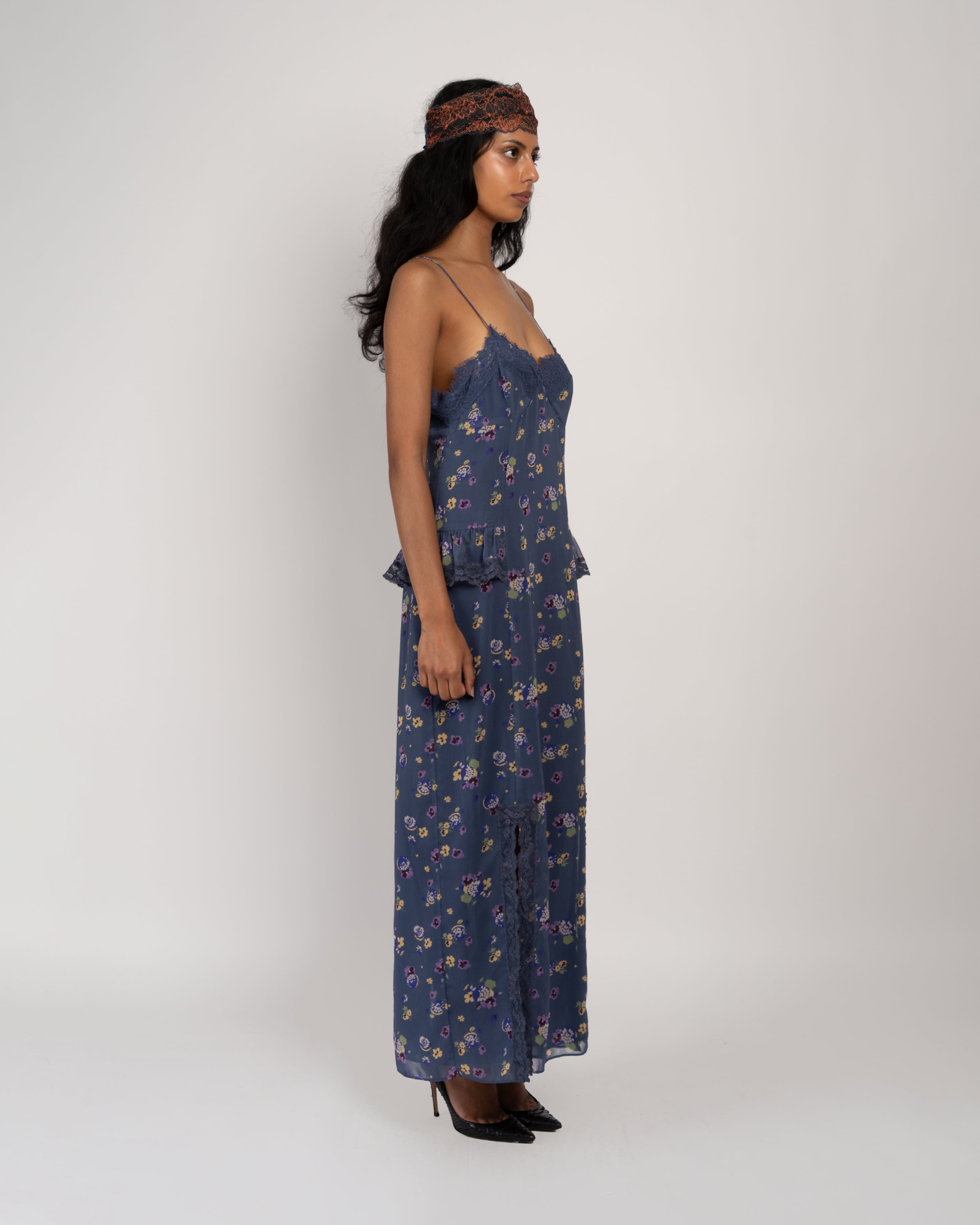Night Blooming Indigo Chiffon Dress