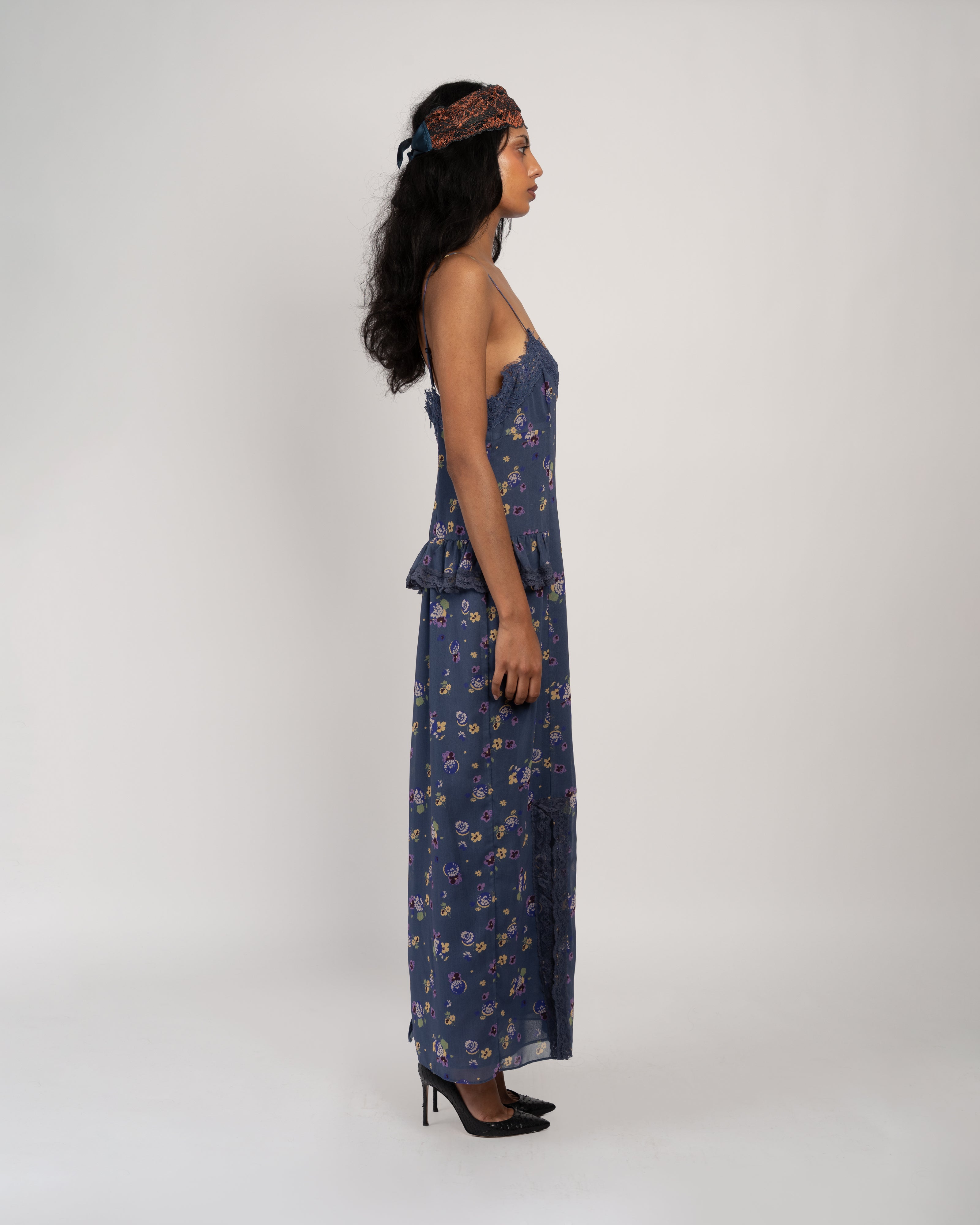 Night Blooming Indigo Chiffon Dress