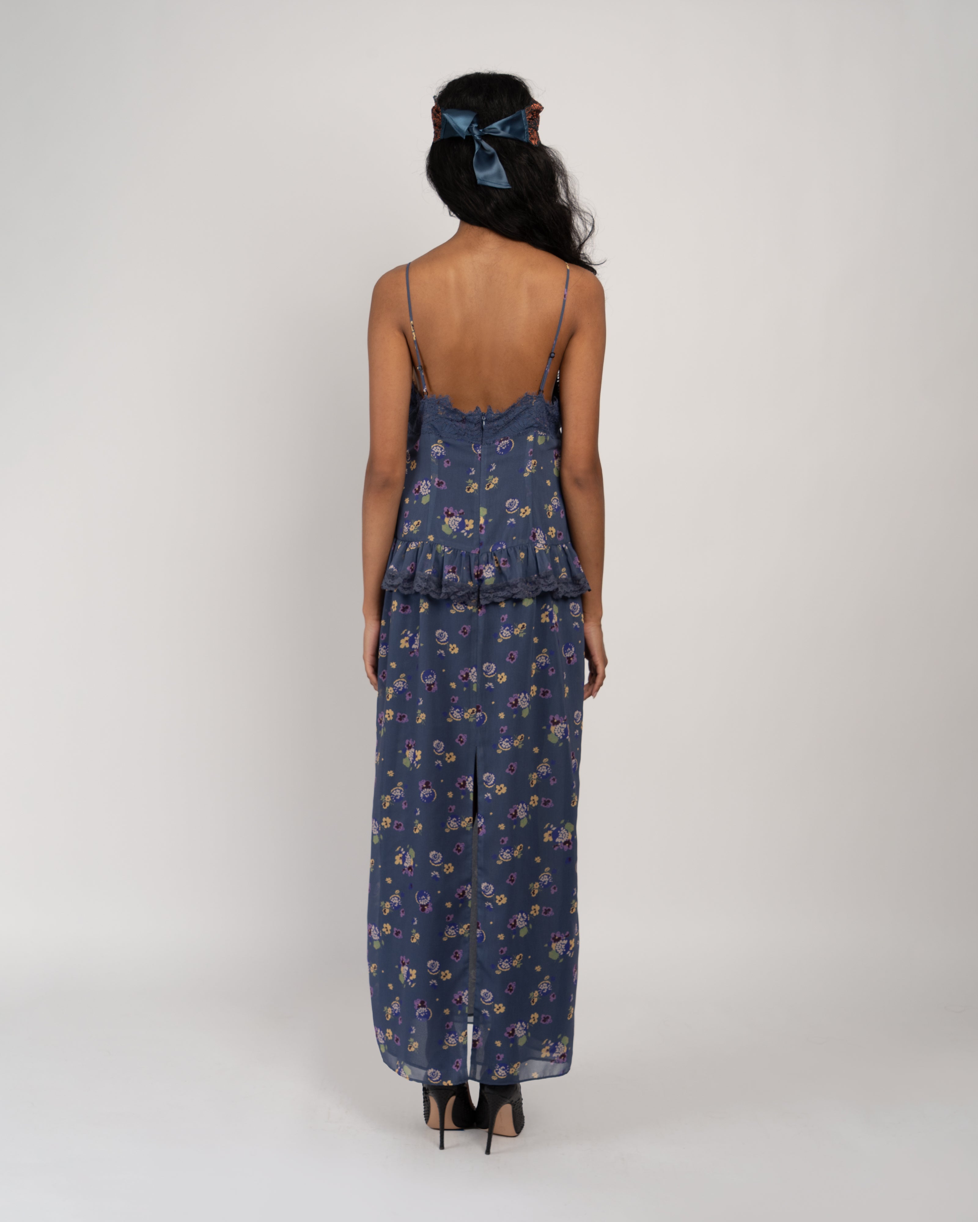 Night Blooming Indigo Chiffon Dress