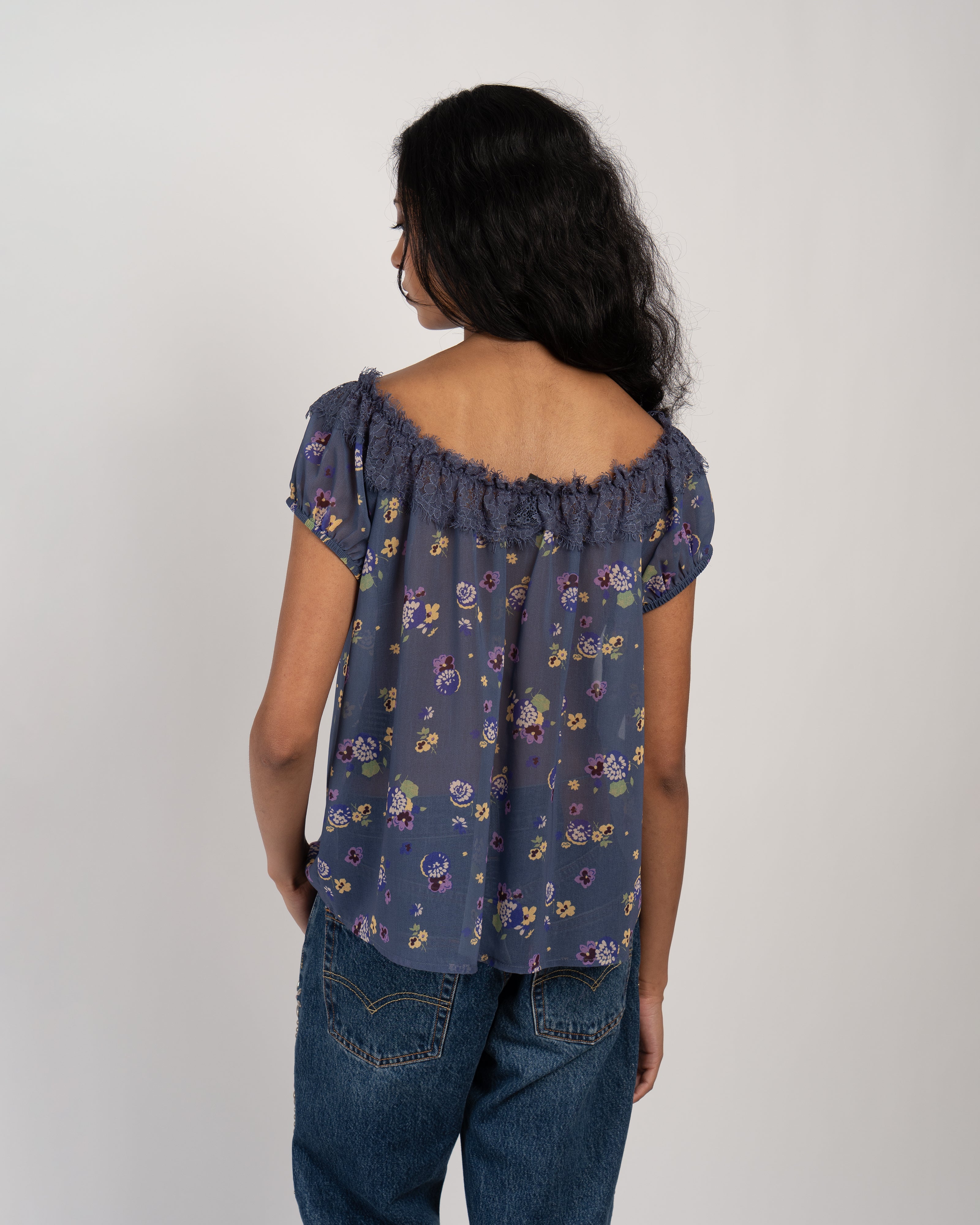 Night Blooming Indigo Chiffon Top