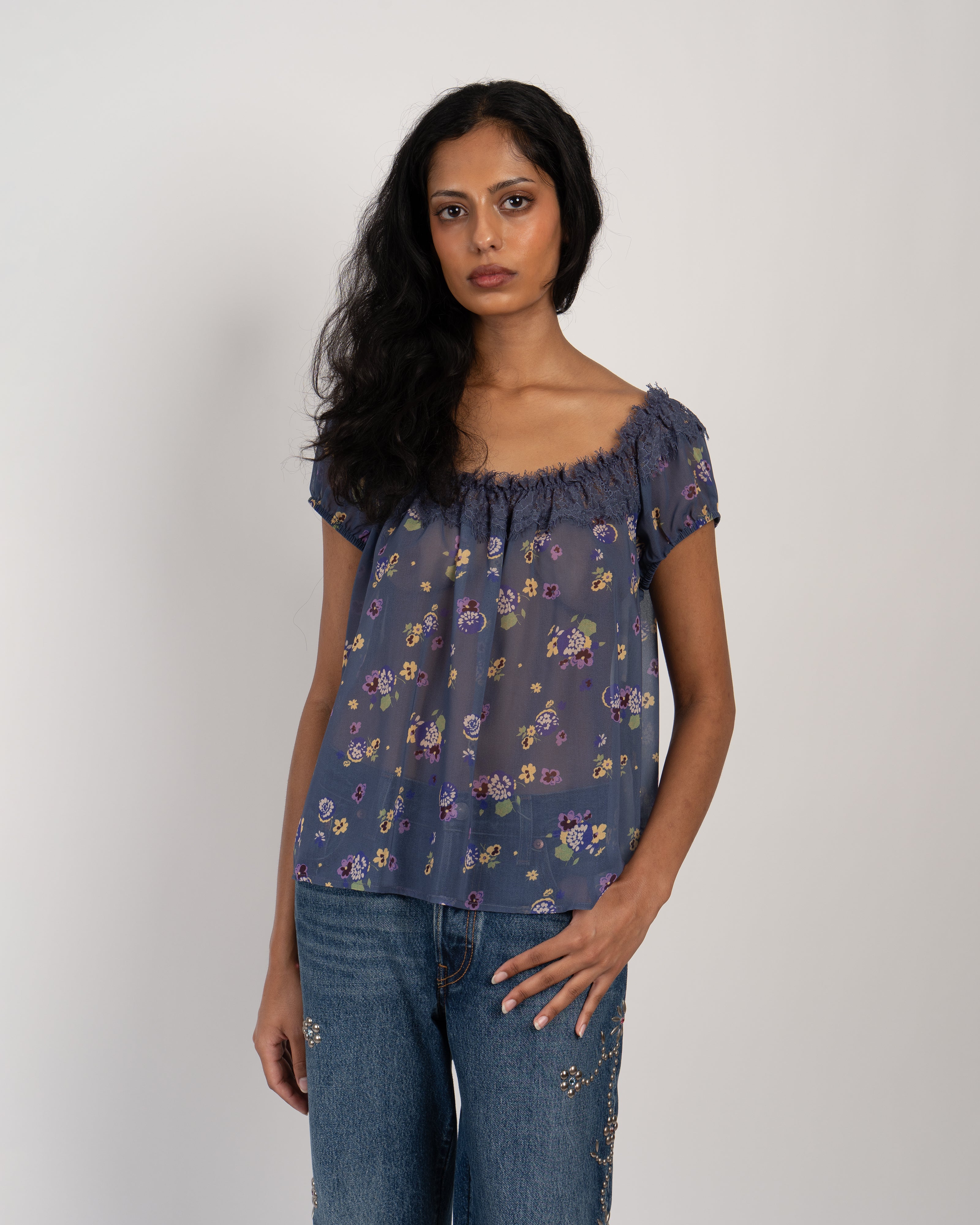 Night Blooming Indigo Chiffon Top