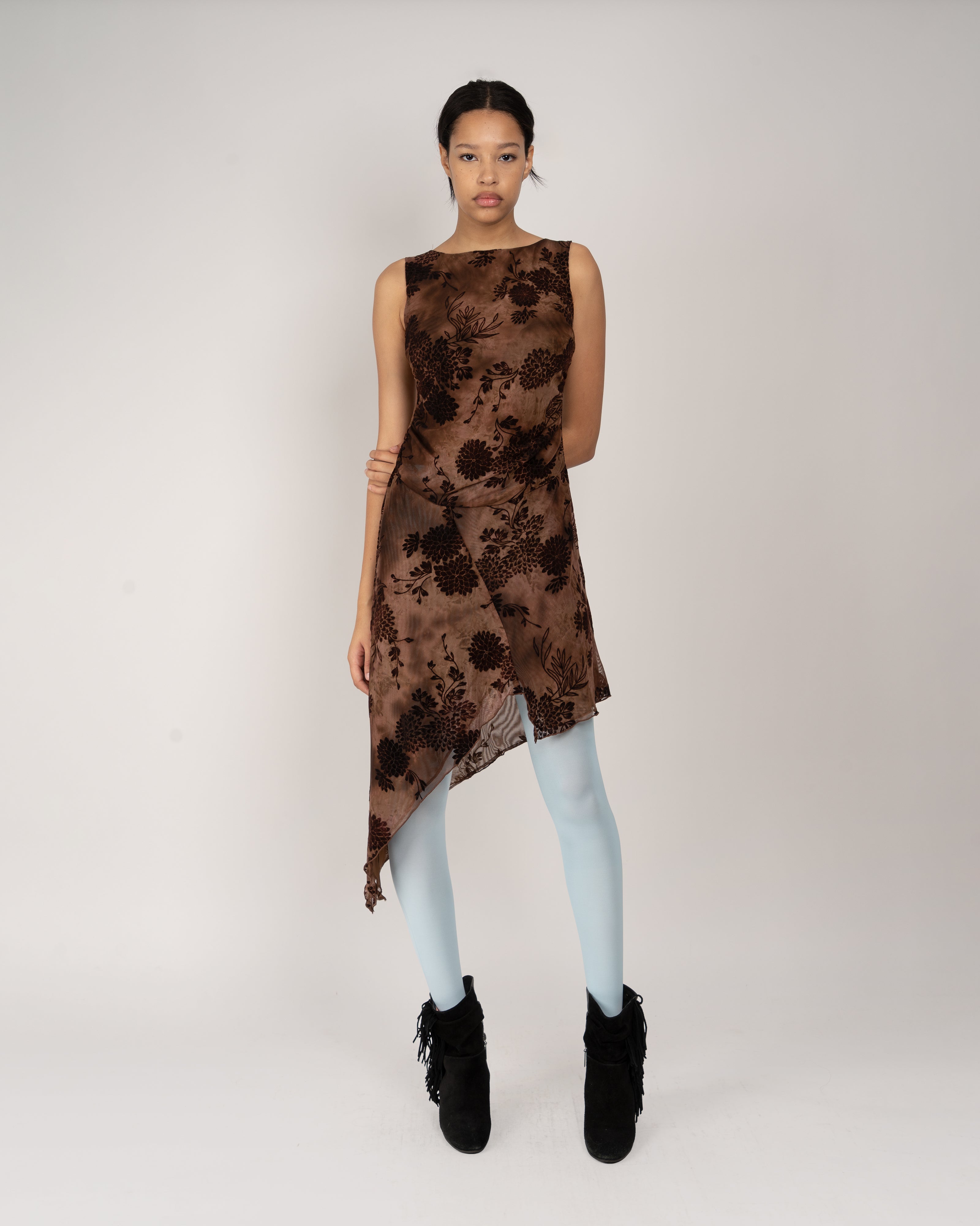 Chocolate Dahlia Tulle Knit Asymmetrical Dress