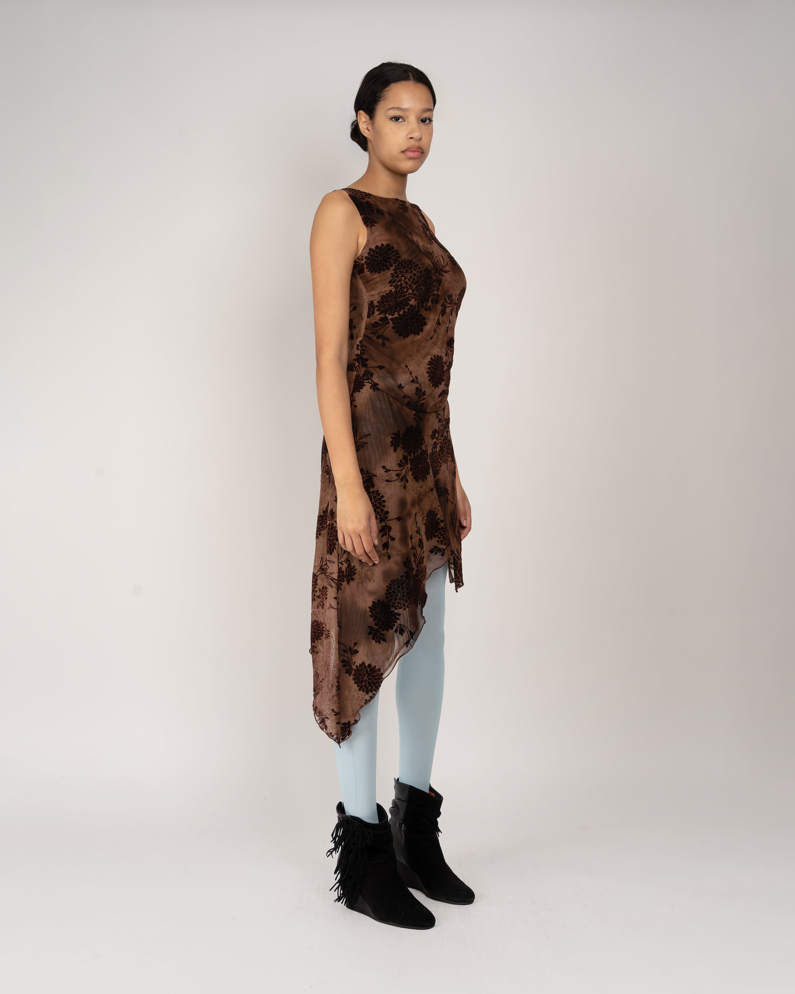 Chocolate Dahlia Tulle Knit Asymmetrical Dress
