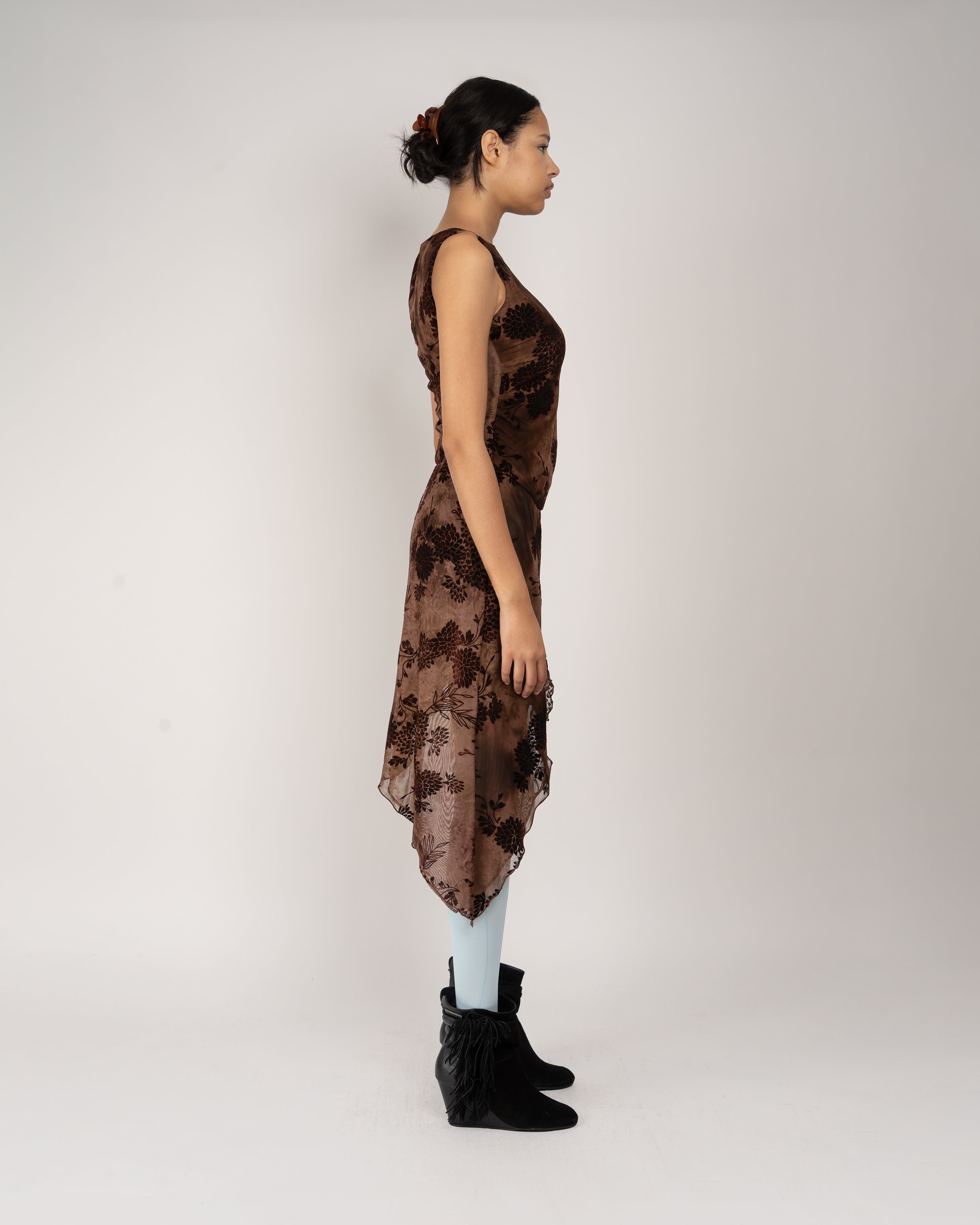 Chocolate Dahlia Tulle Knit Asymmetrical Dress