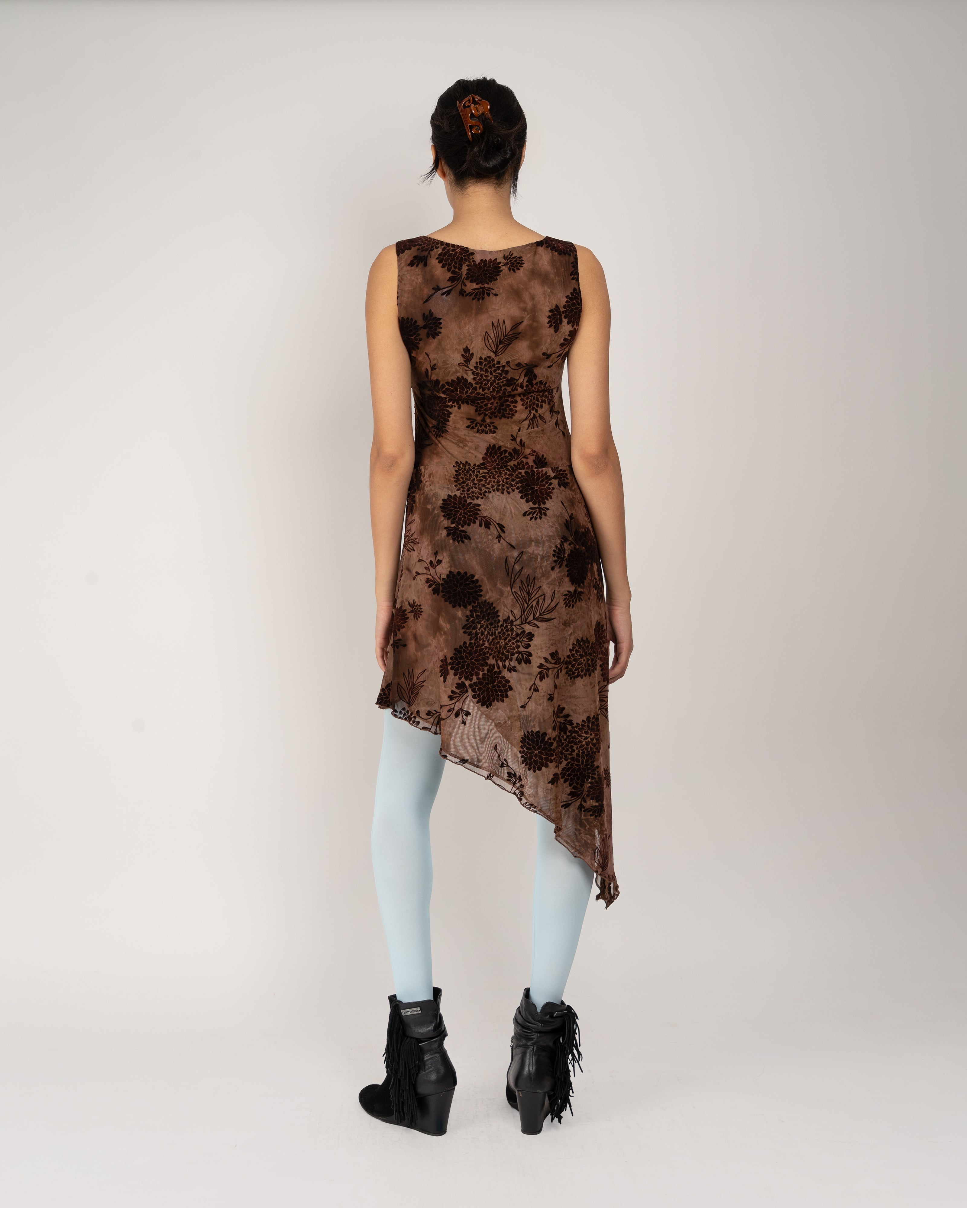 Chocolate Dahlia Tulle Knit Asymmetrical Dress