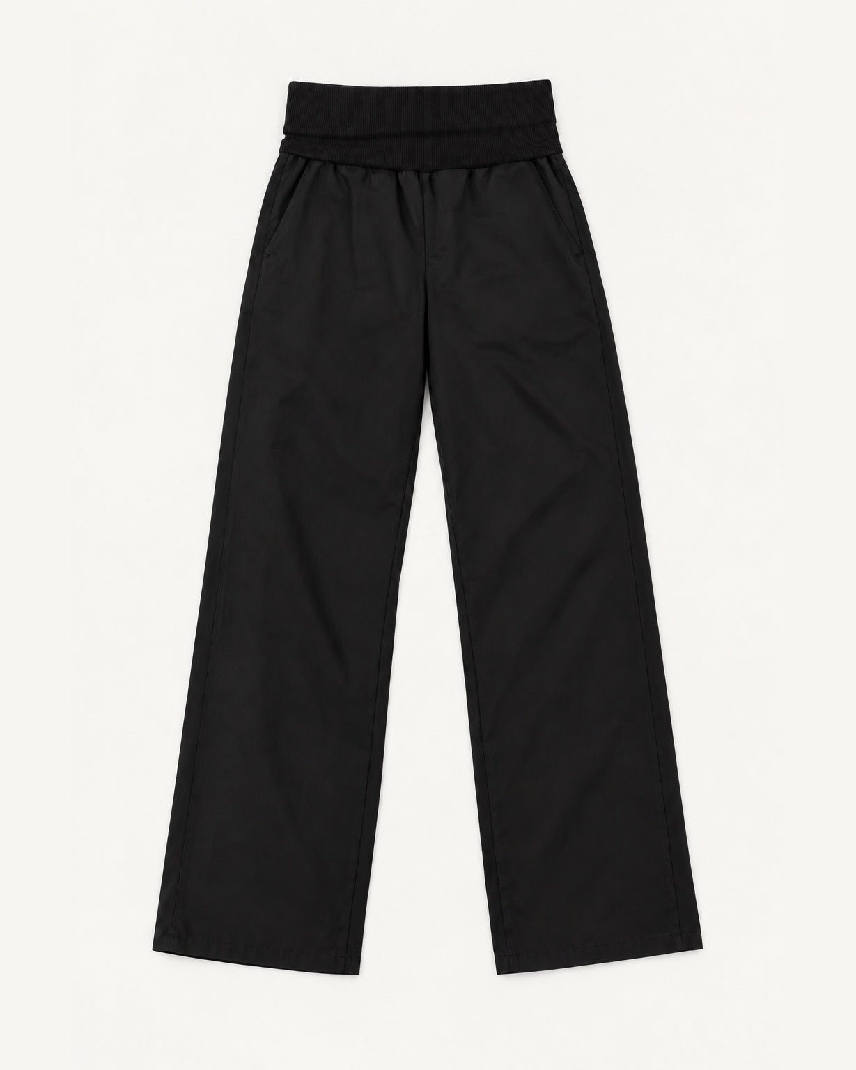 Black wide-leg cropped pants with an elastic waistband, shown flat against a light off-white background.