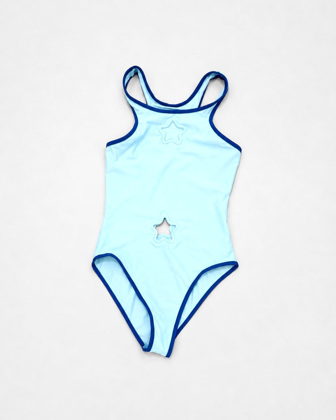 Light blue swimsuit with star design on a white background