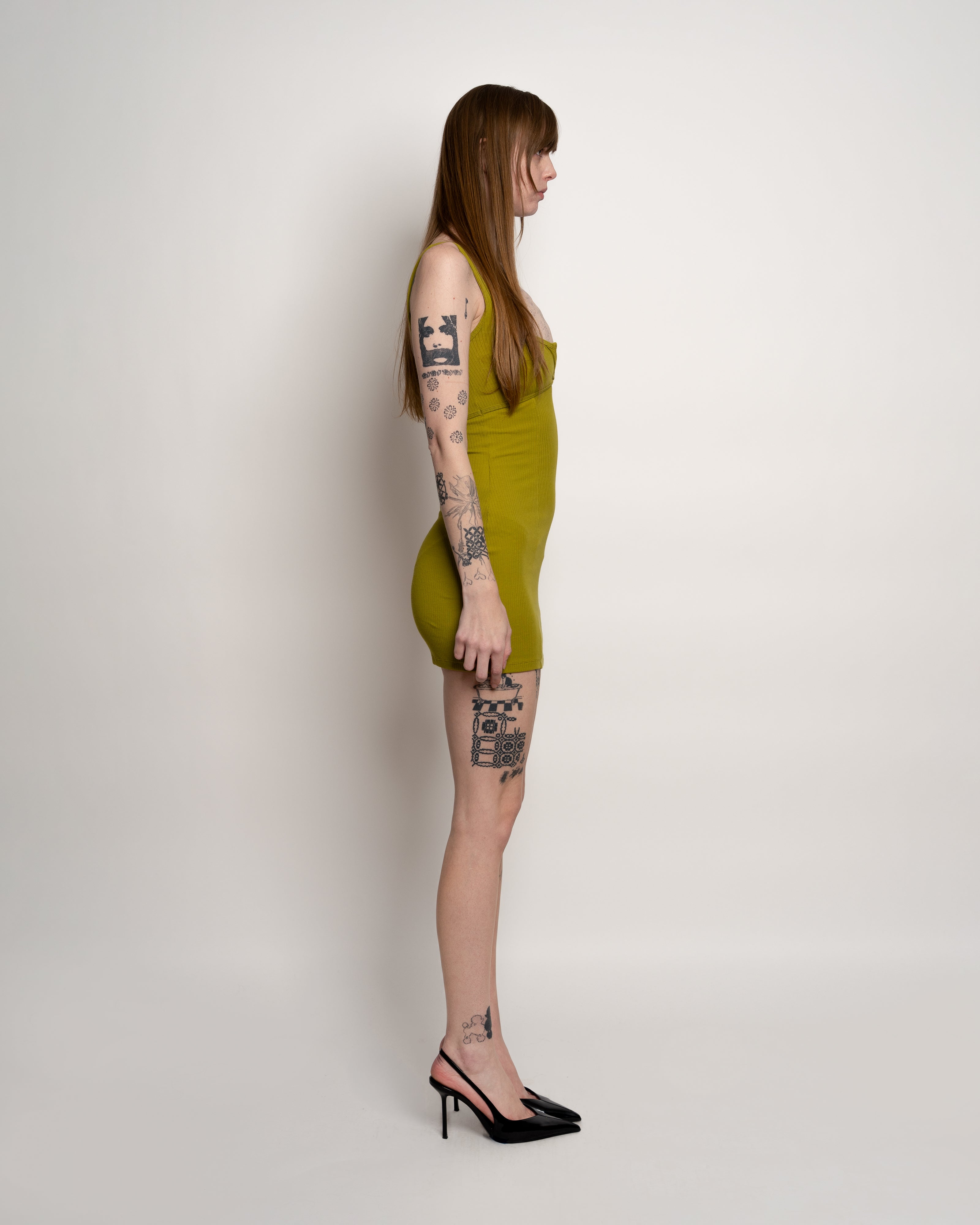 Green Ribbed Squareneck Dress