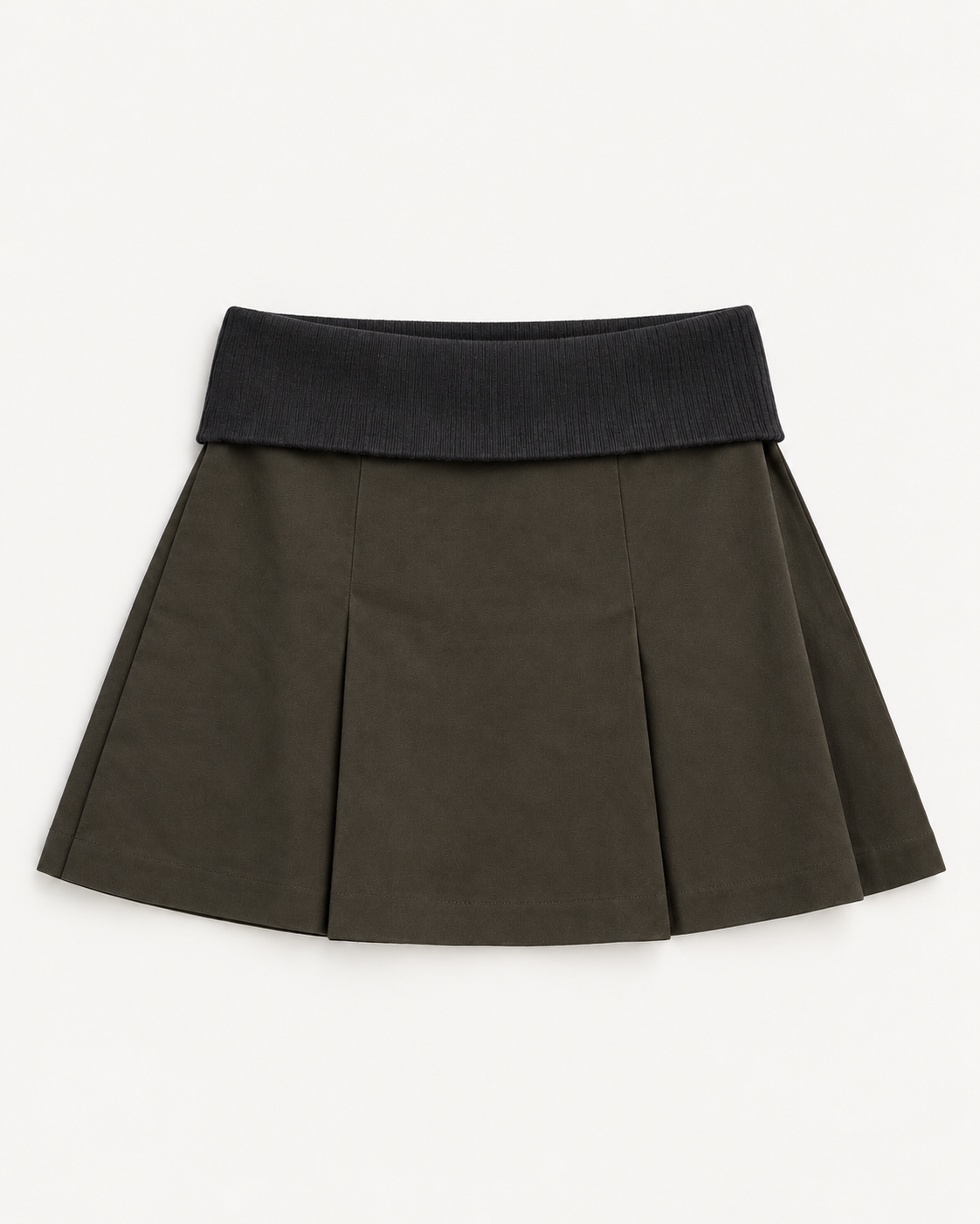 An olive green pleated mini skirt with a contrasting dark charcoal gray ribbed waistband, shown flat against a plain white background.
