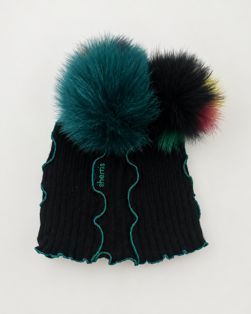 Pompom Beanie with Blue Trim